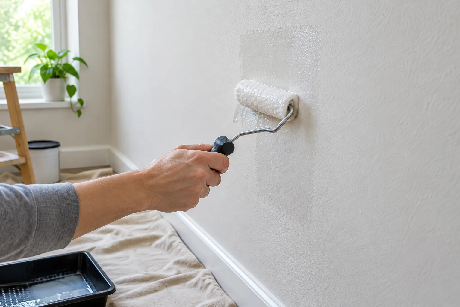 Un petit rouleau applique une zone d’essai de fixateur sur un mur propre et sec.