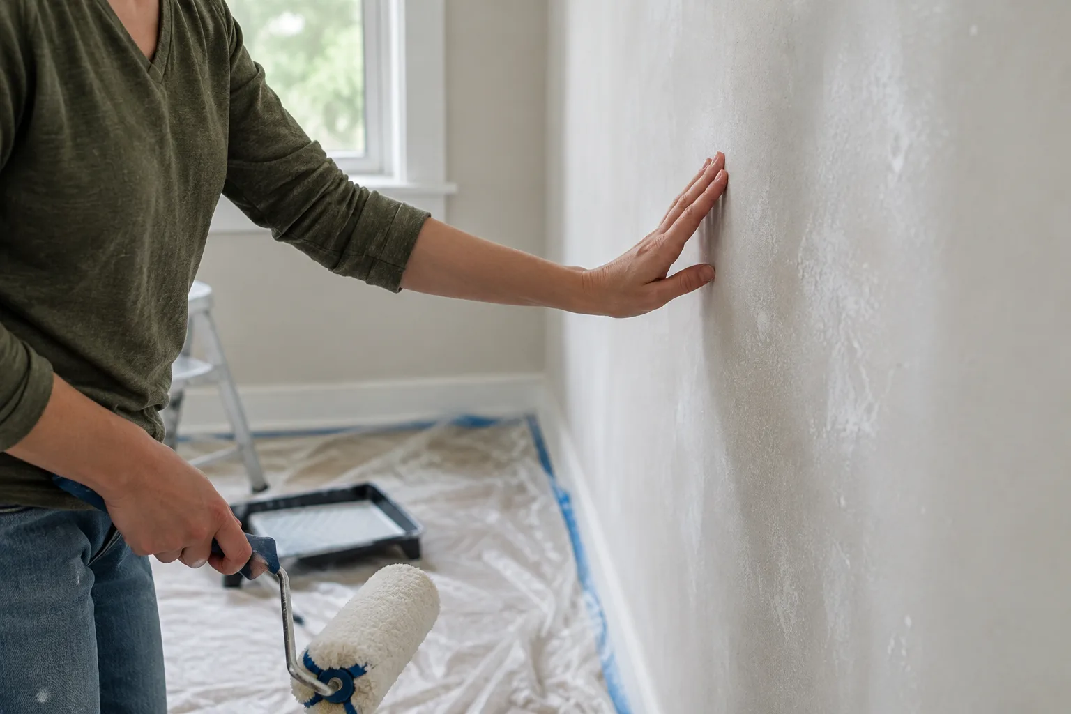 Une main vérifie la surface d’un mur préparé avant la peinture.