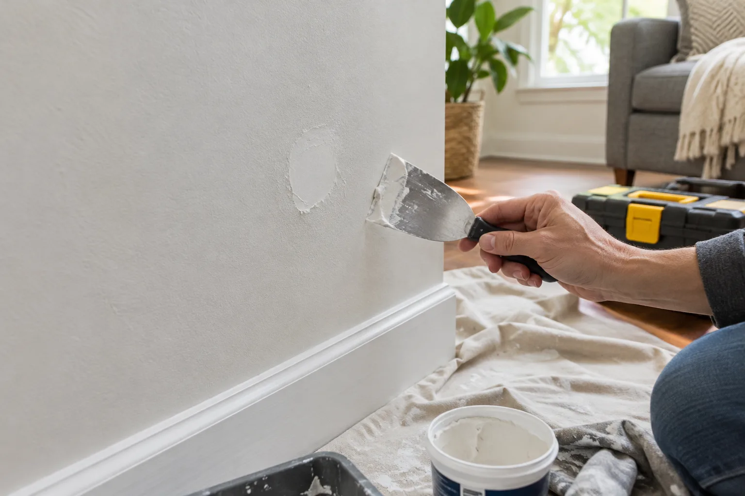 Un trou de cheville rebouché à l’enduit sur un mur, avec un couteau à enduire à proximité.