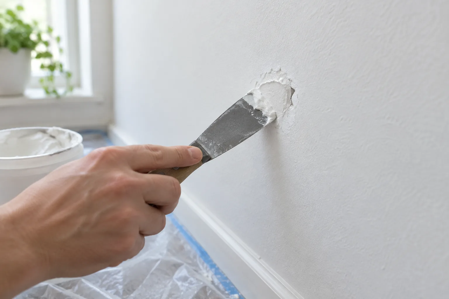 Un couteau à enduire garnit un petit trou dans un mur avec de l’enduit blanc.