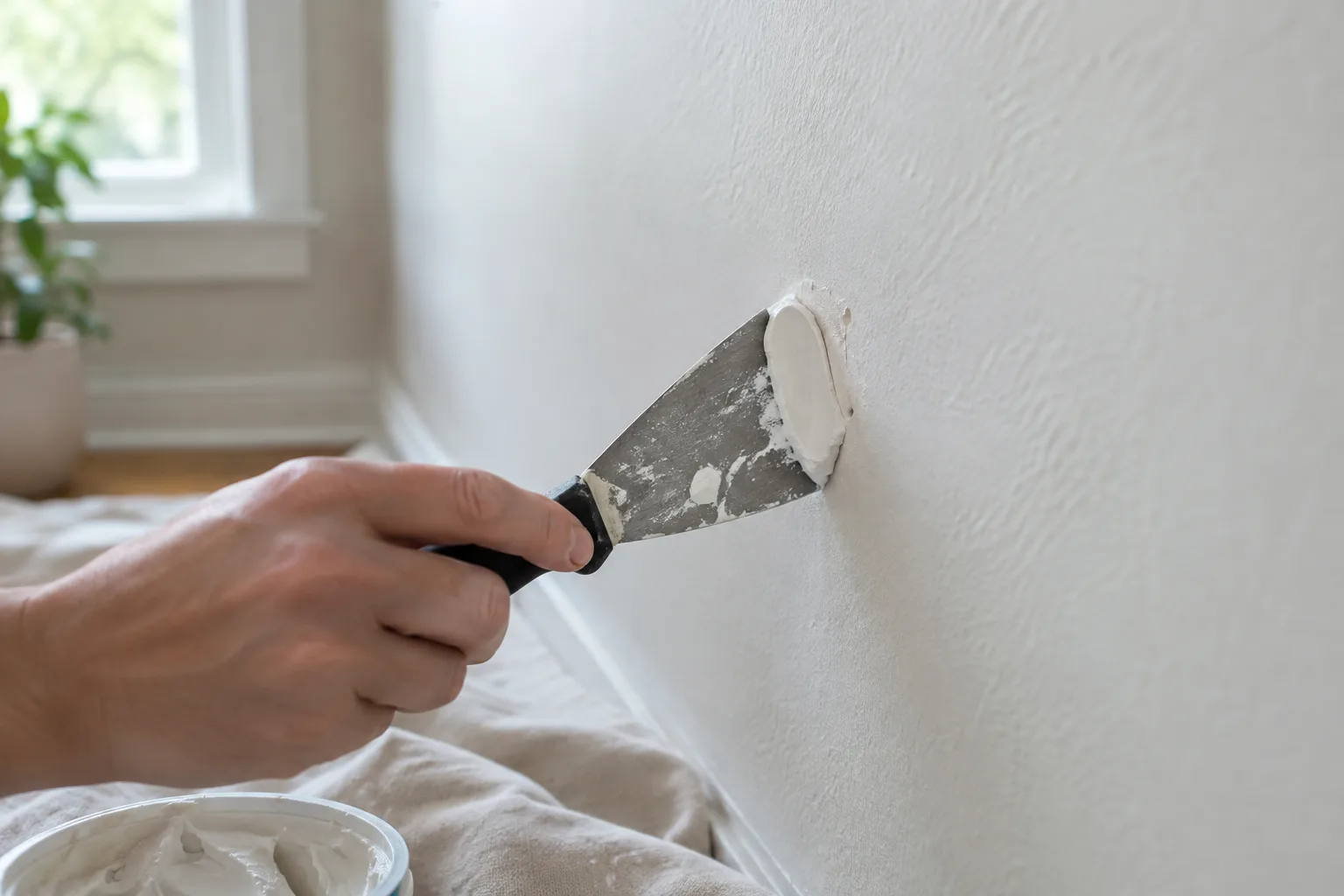 Une main applique de l’enduit de rebouchage sur un petit trou dans un mur intérieur.