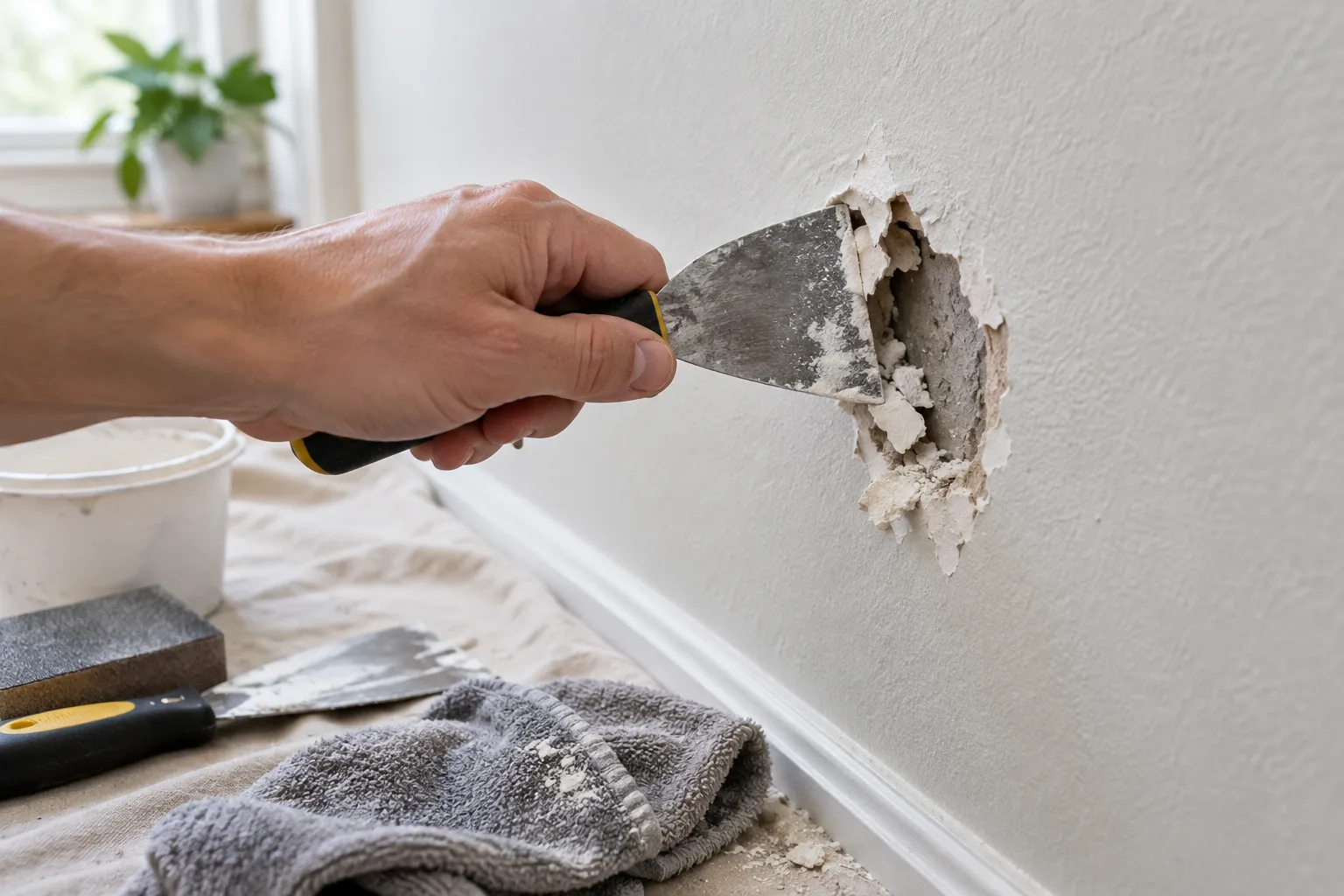 Une personne retire les parties friables autour d’un petit trou dans un mur.