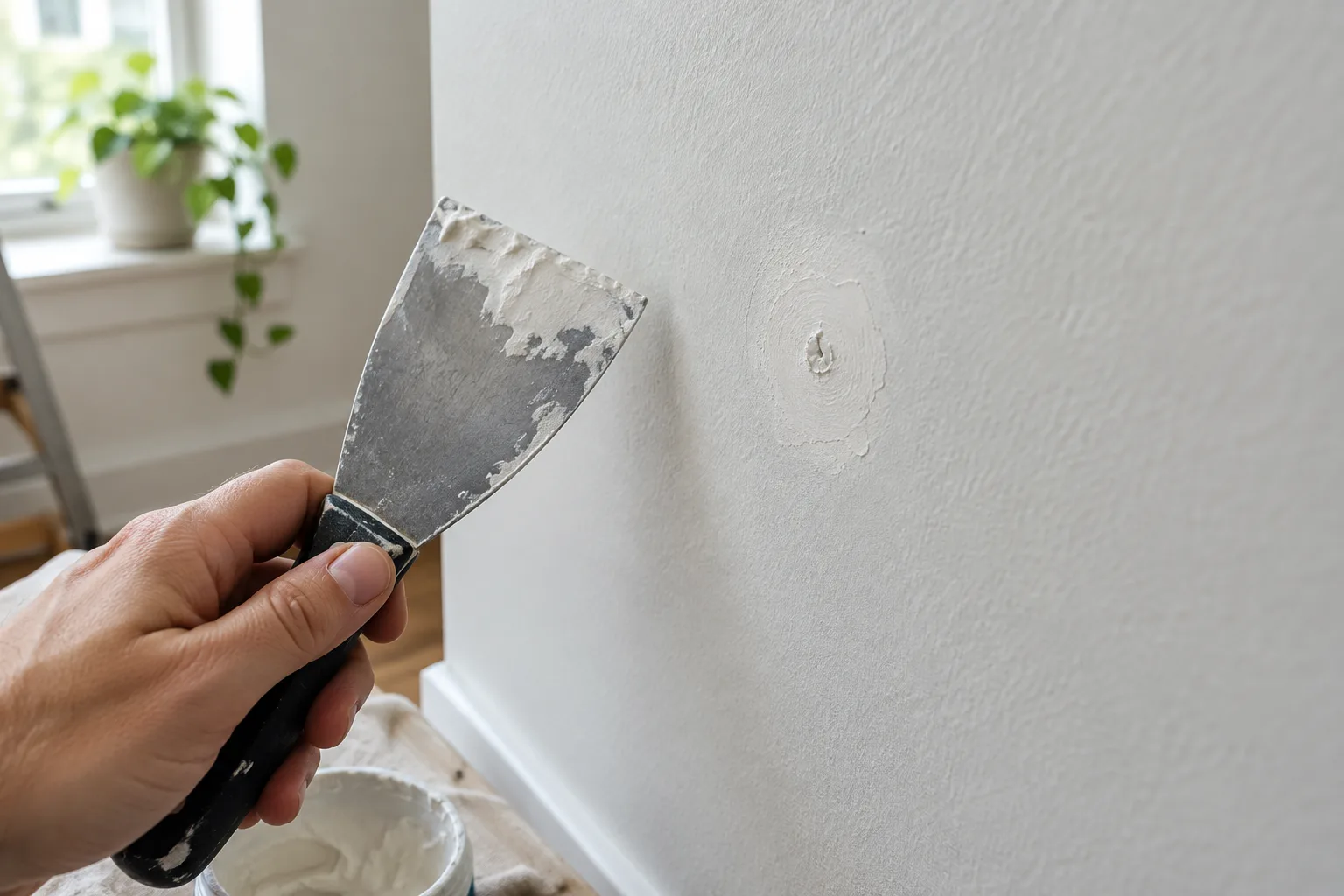 Une spatule et un petit trou préparé avant rebouchage sur un mur peint.