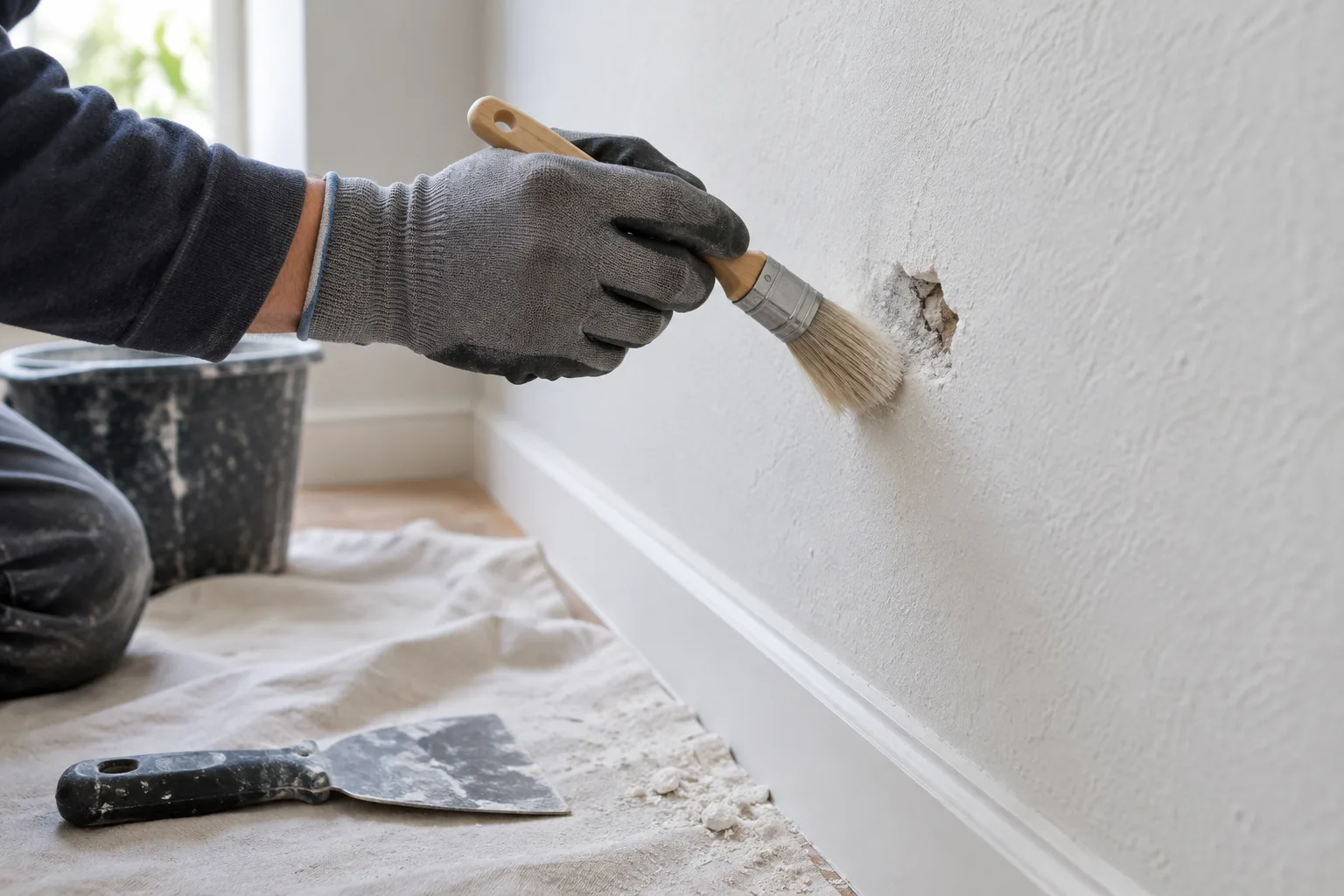 Une brosse enlève la poussière autour d’un petit trou dans un mur avant l’application de l’enduit.