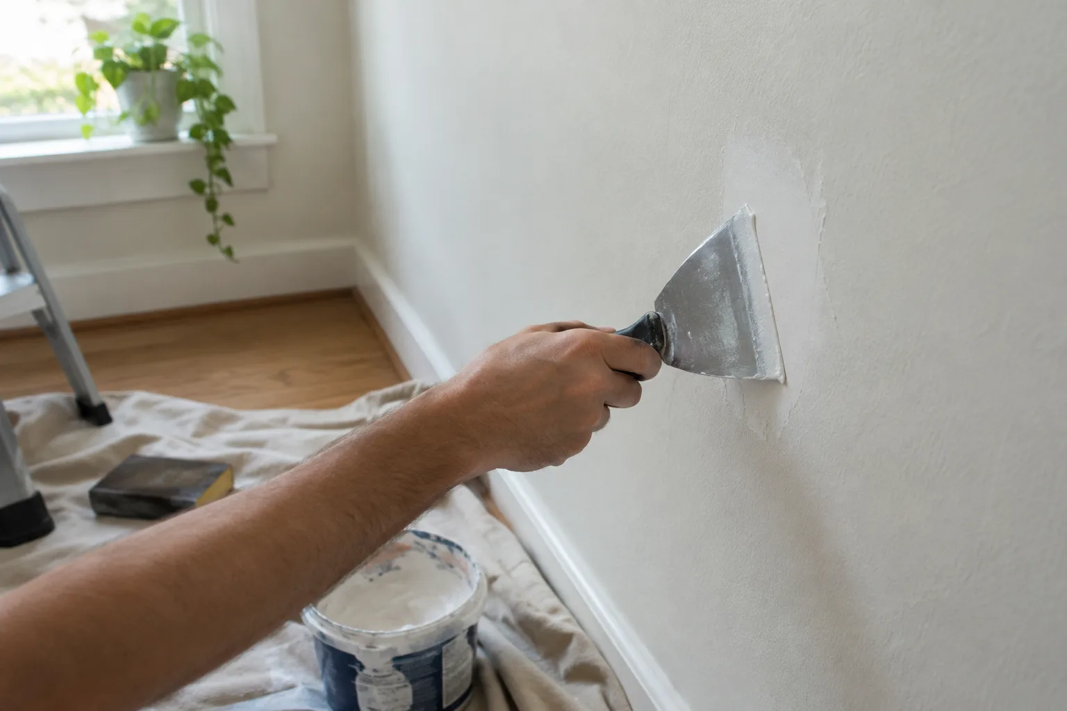 Une main lisse l’enduit de rebouchage autour d’un petit trou dans un mur intérieur.