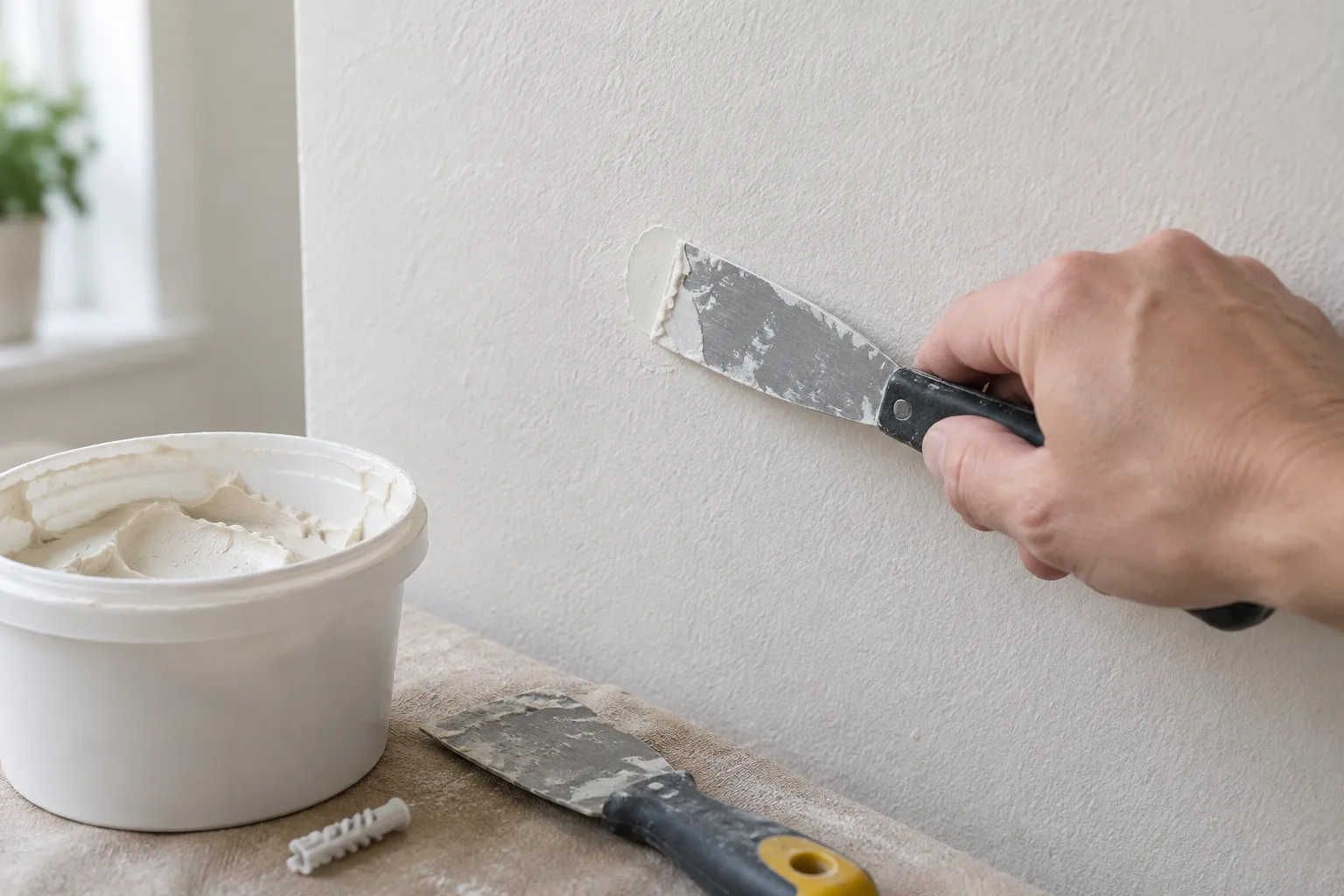 Une spatule applique de l’enduit dans un petit trou de cheville sur un mur.