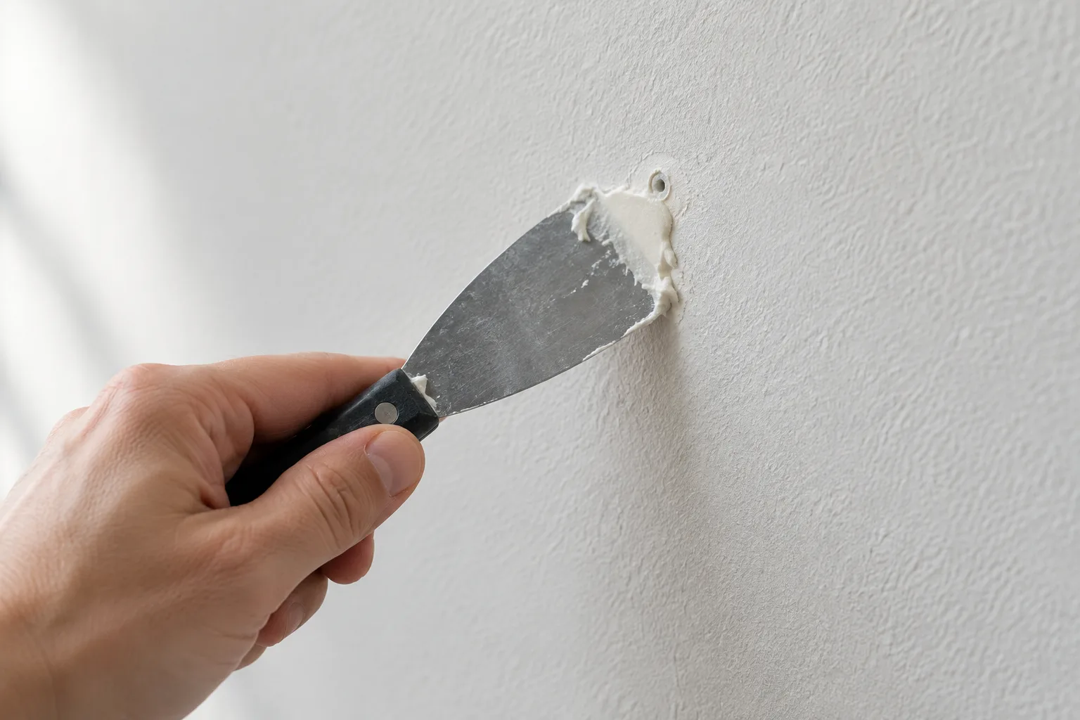 Une main applique de l’enduit dans un petit trou de cheville à l’aide d’une spatule.