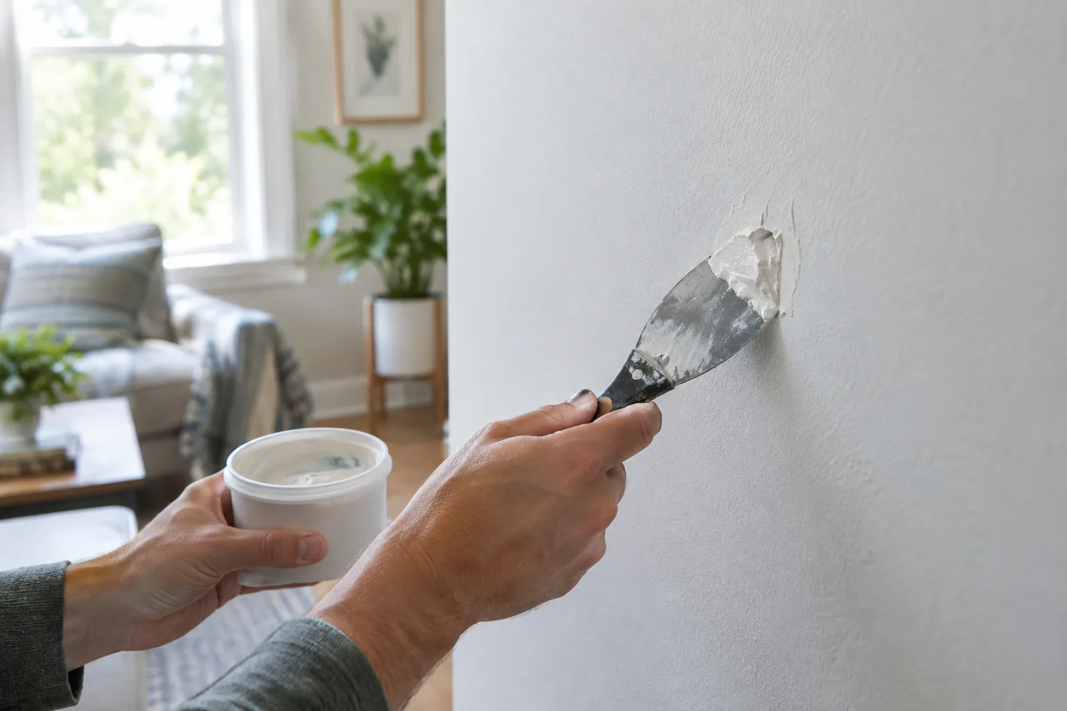 Une petite cavité dans un mur est examinée avant l’application de l’enduit.