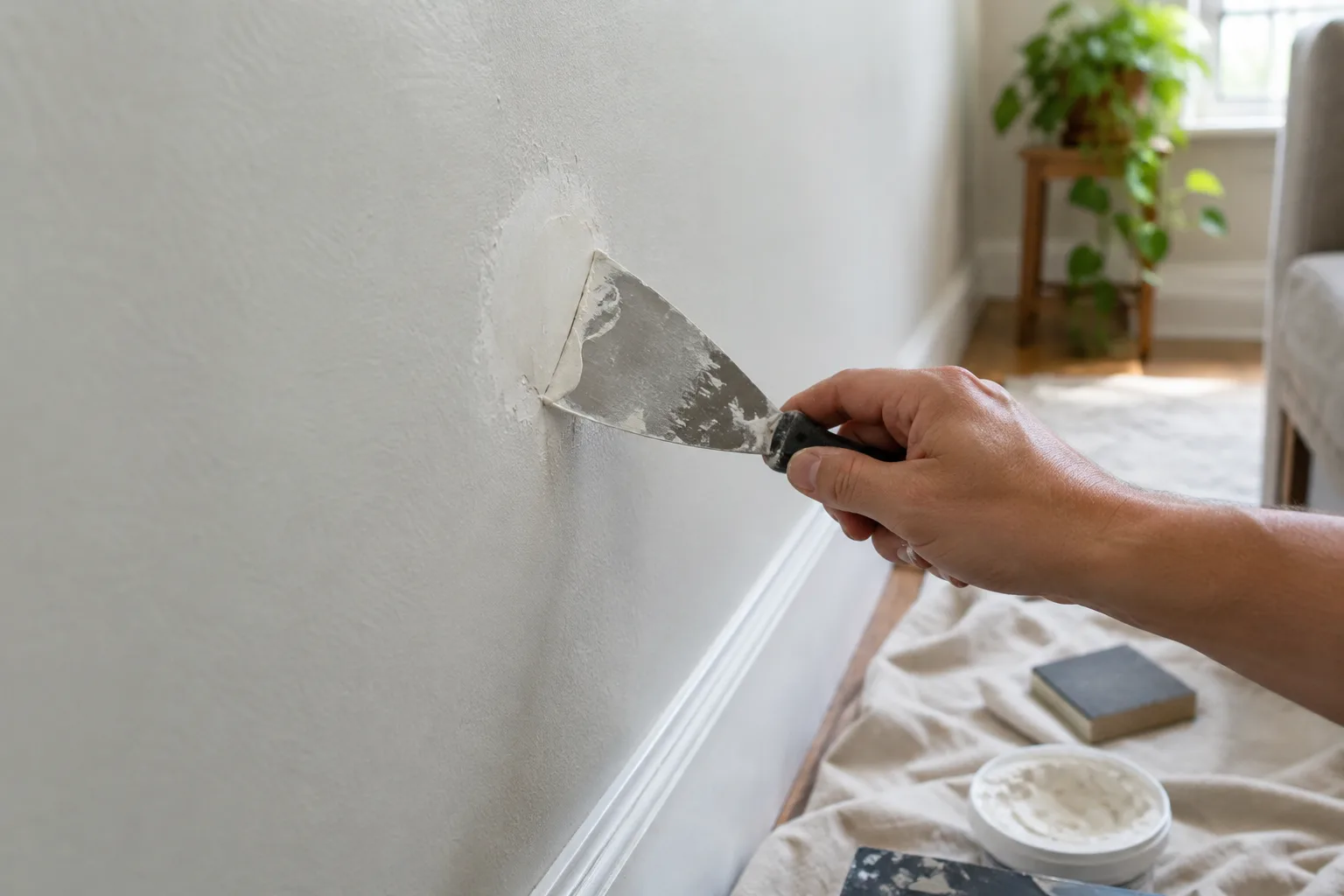 Une spatule lisse de l’enduit de rebouchage sur un petit trou dans un mur peint.