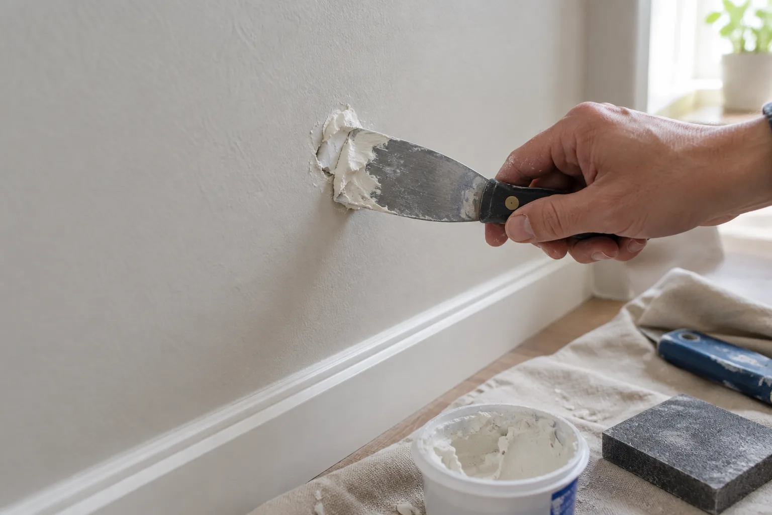 Une petite spatule applique de l’enduit dans un trou de cheville sur un mur peint.