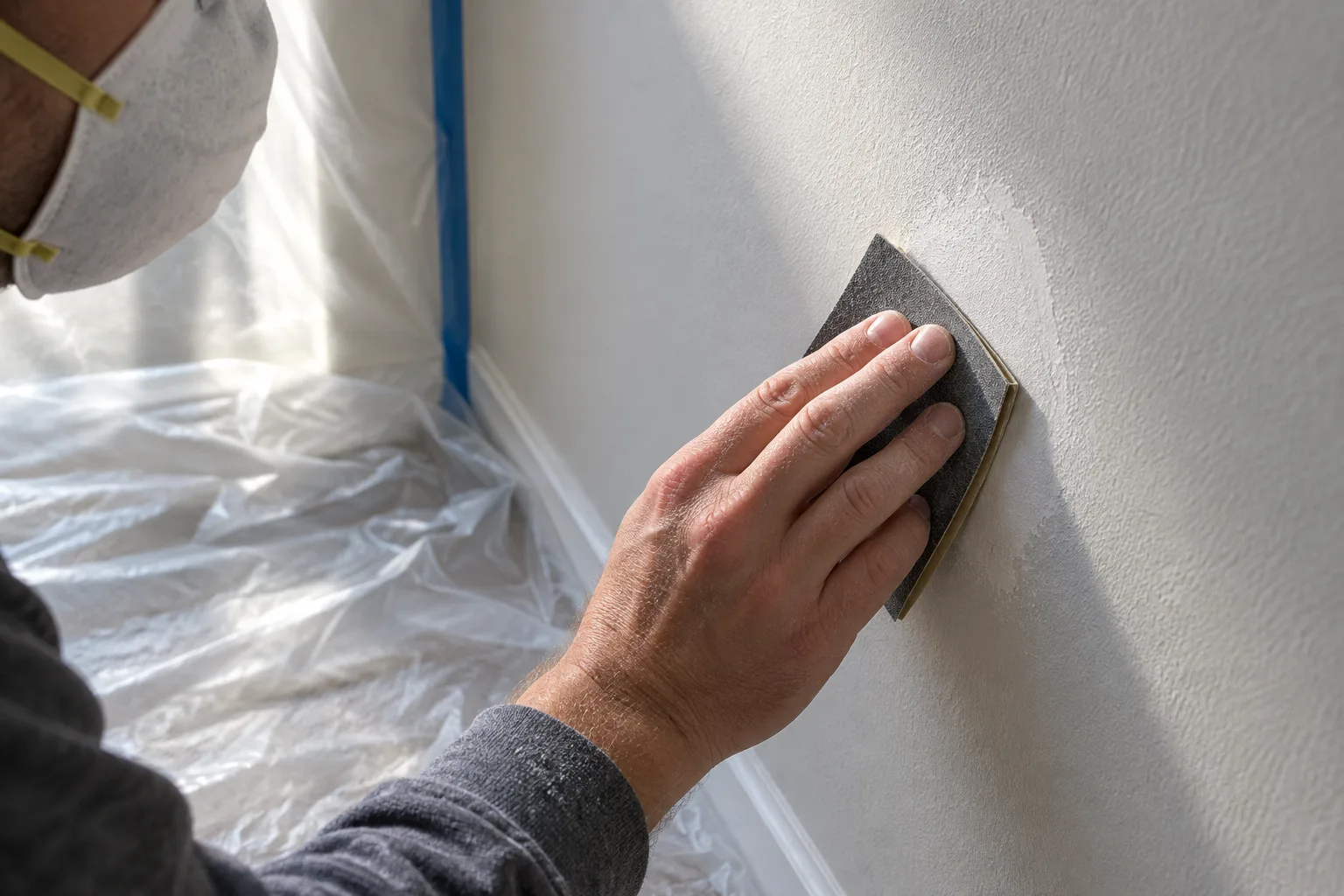 Ponçage léger d’une réparation d’enduit sur un mur, avec une lumière latérale qui révèle les reliefs.
