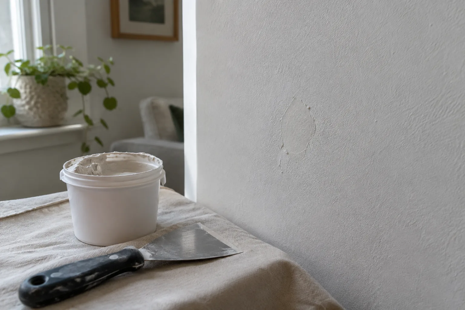 Petit trou rebouché sur un mur intérieur, avec un couteau à enduire posé à proximité.