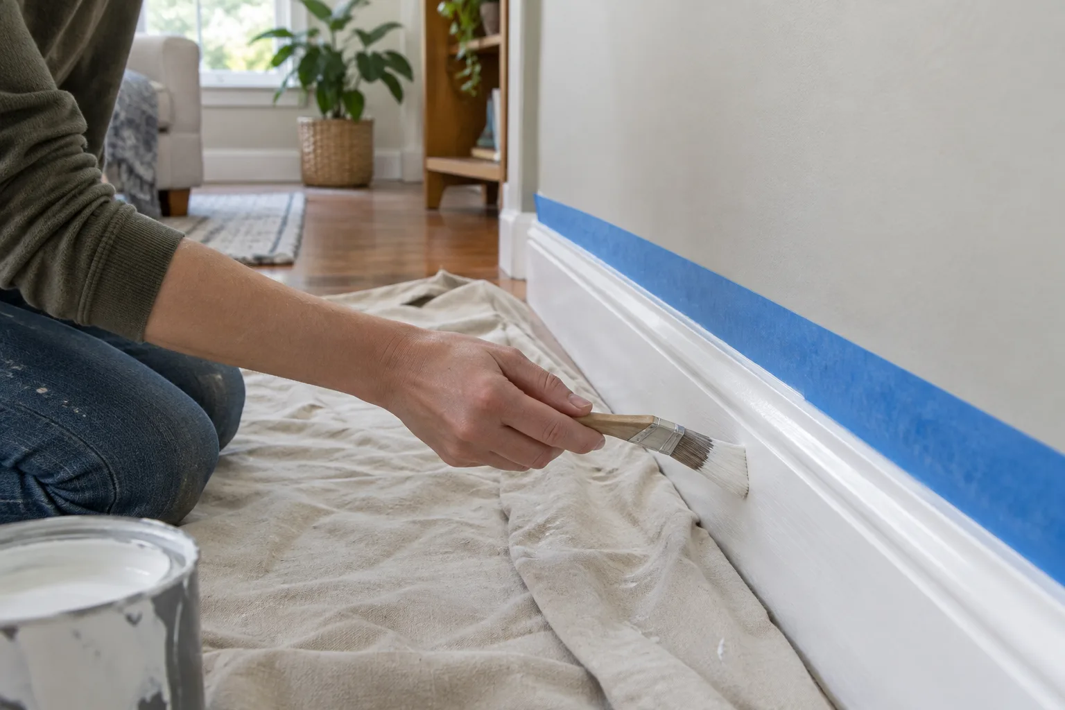 Une plinthe en bois est peinte au pinceau, avec le mur protégé par du ruban de masquage.