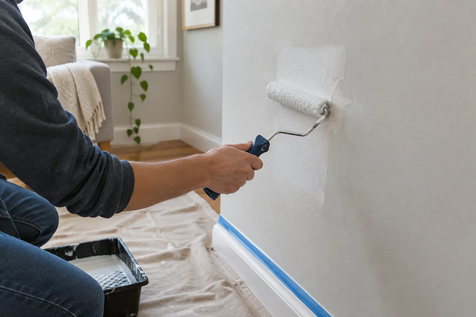 Une petite réparation de mur est lissée avant l’application de la peinture.