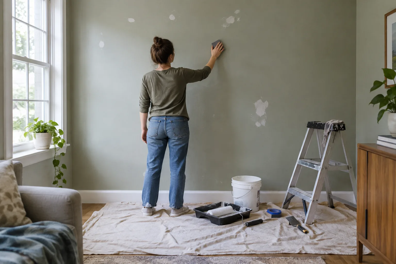 Une personne matifie un mur peint avec une cale abrasive avant de le repeindre.