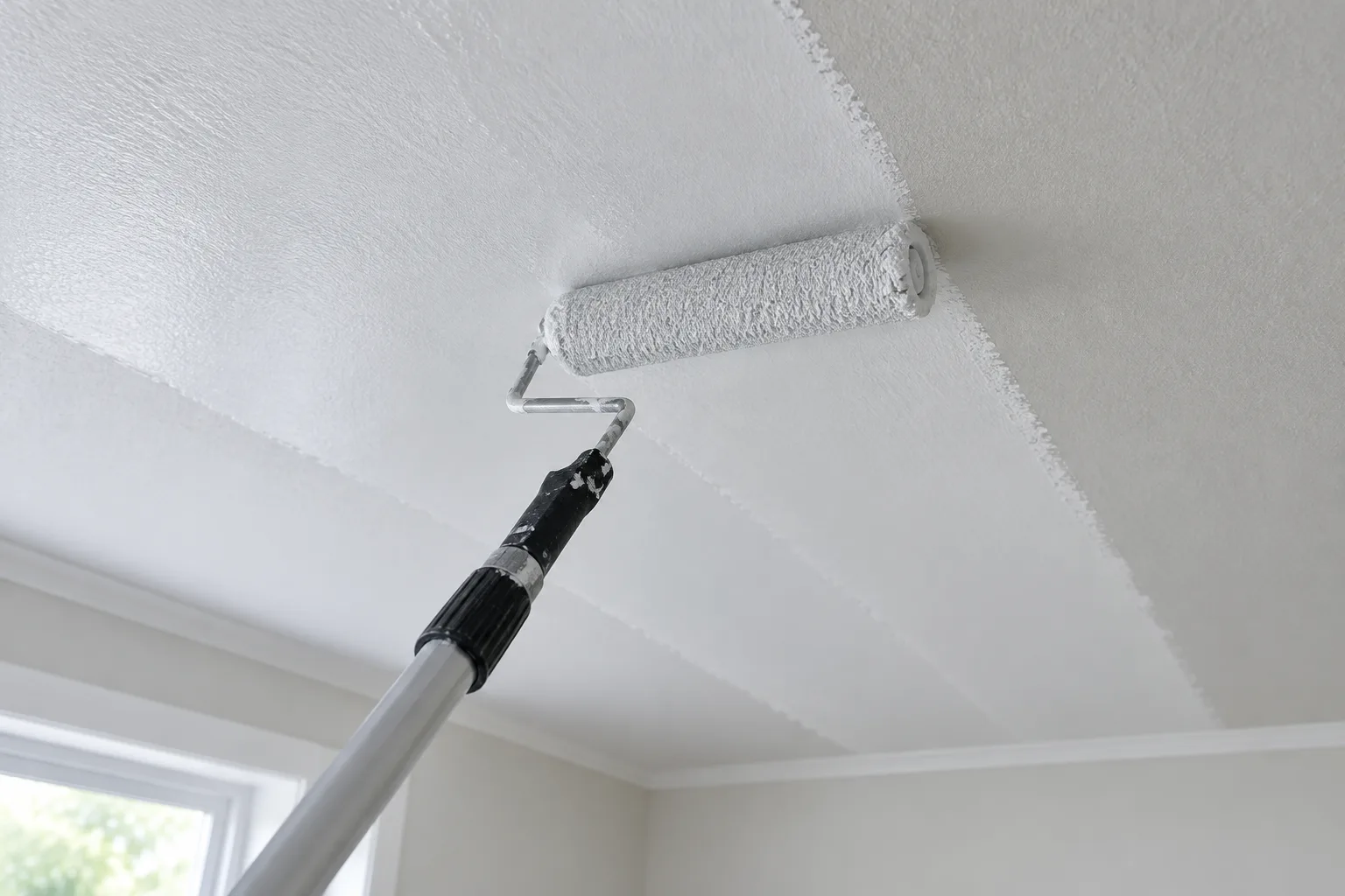 Un rouleau étale la peinture au plafond en passes qui se chevauchent.
