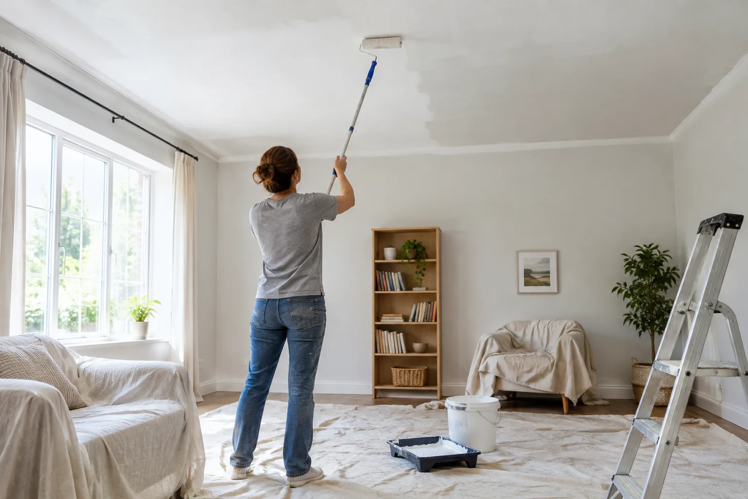 Un plafond est peint au rouleau sur perche dans une pièce protégée.