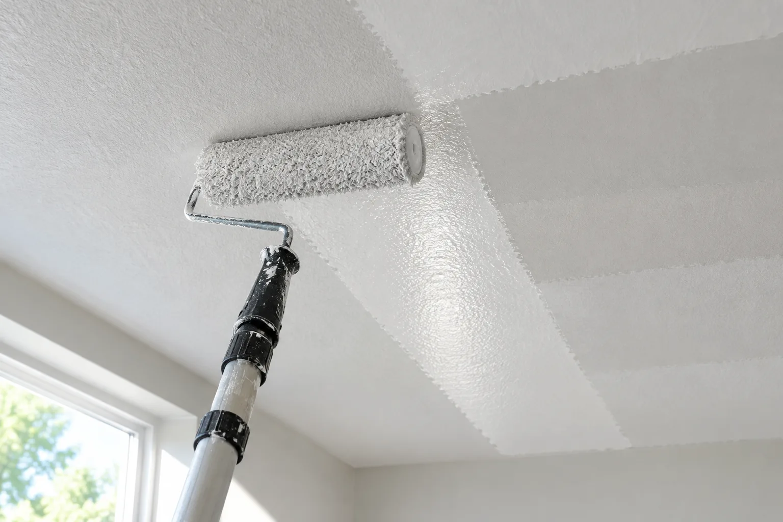 Un rouleau étale la peinture sur le plafond en bandes régulières qui se chevauchent.