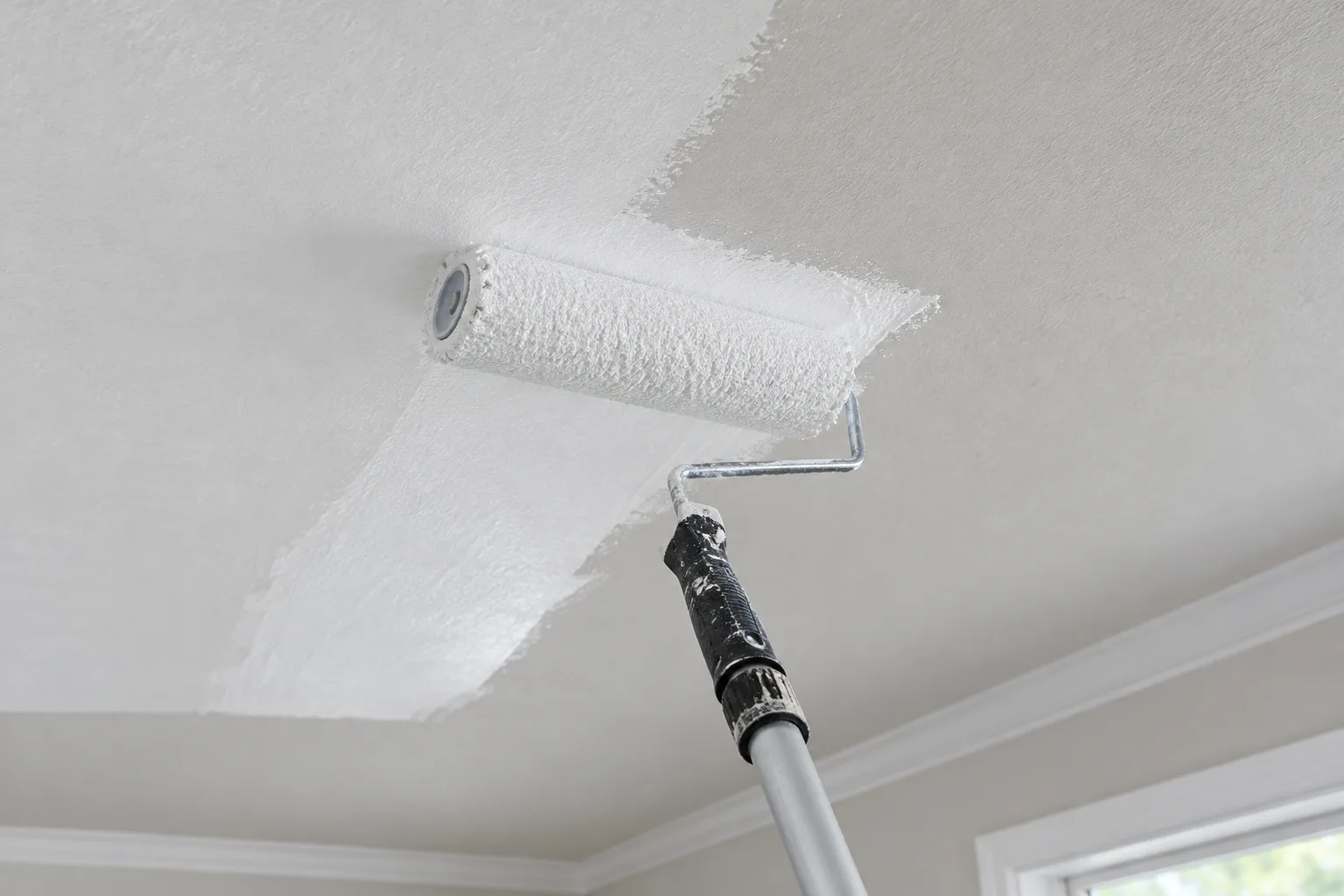 Un rouleau applique une bande de peinture au plafond en chevauchant légèrement la zone encore fraîche.
