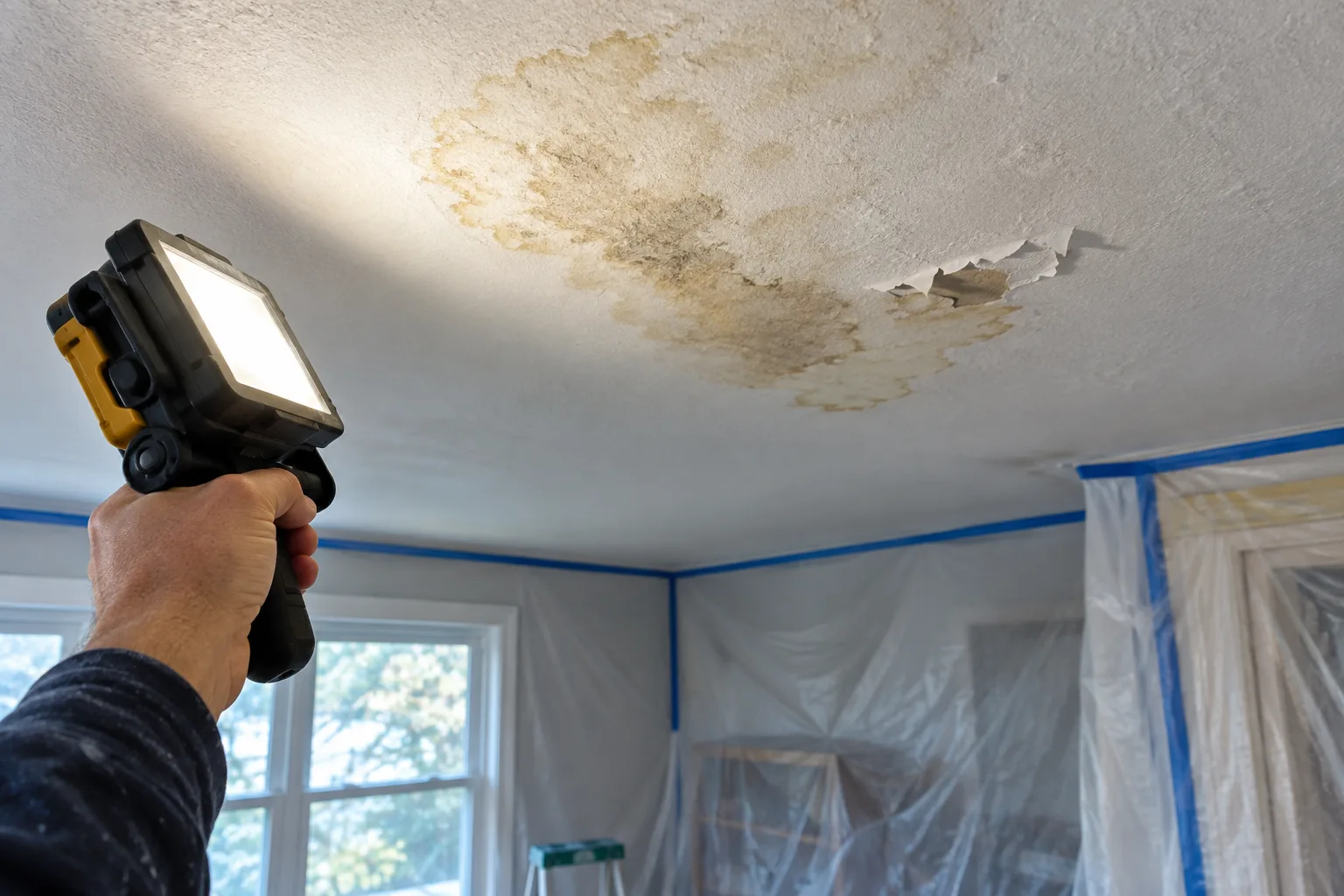 Une personne examine à la lumière du jour une tache et une zone de peinture écaillée au plafond.