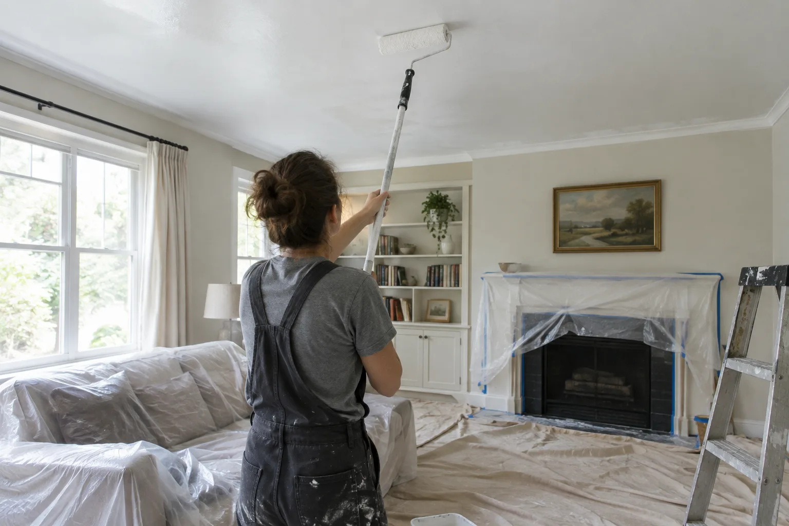Une personne applique de la peinture au rouleau sur un plafond avec une perche télescopique.