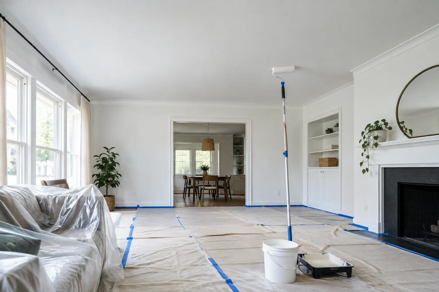 Un plafond blanc en cours de peinture dans une pièce protégée.