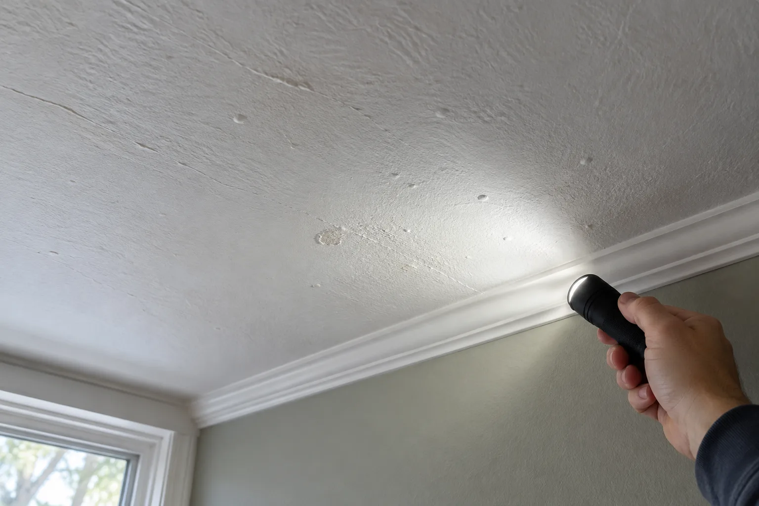 La lumière rasante révèle les petites irrégularités d’un plafond avant les travaux.