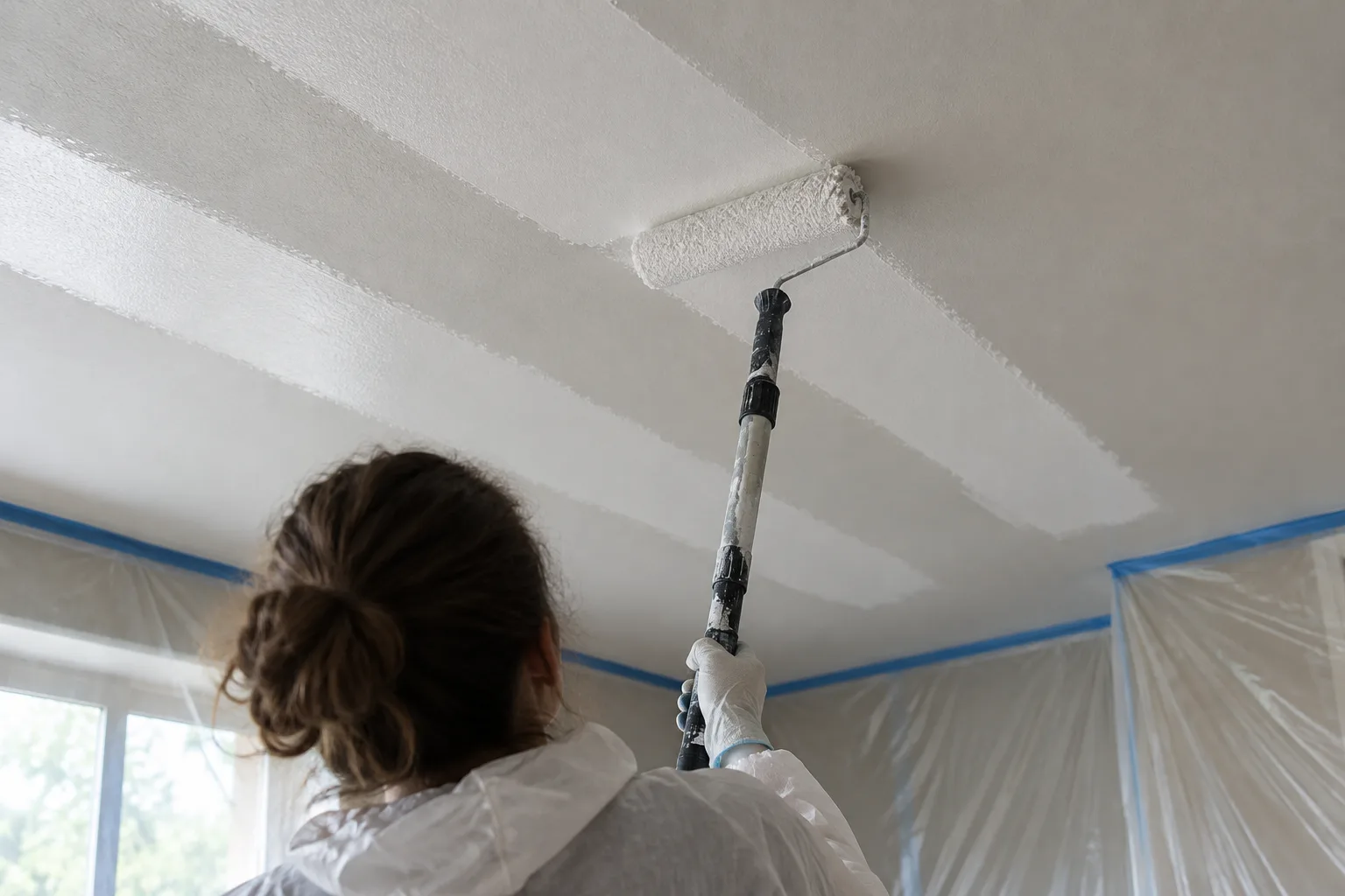 Un rouleau applique la peinture en bandes parallèles sur un plafond.