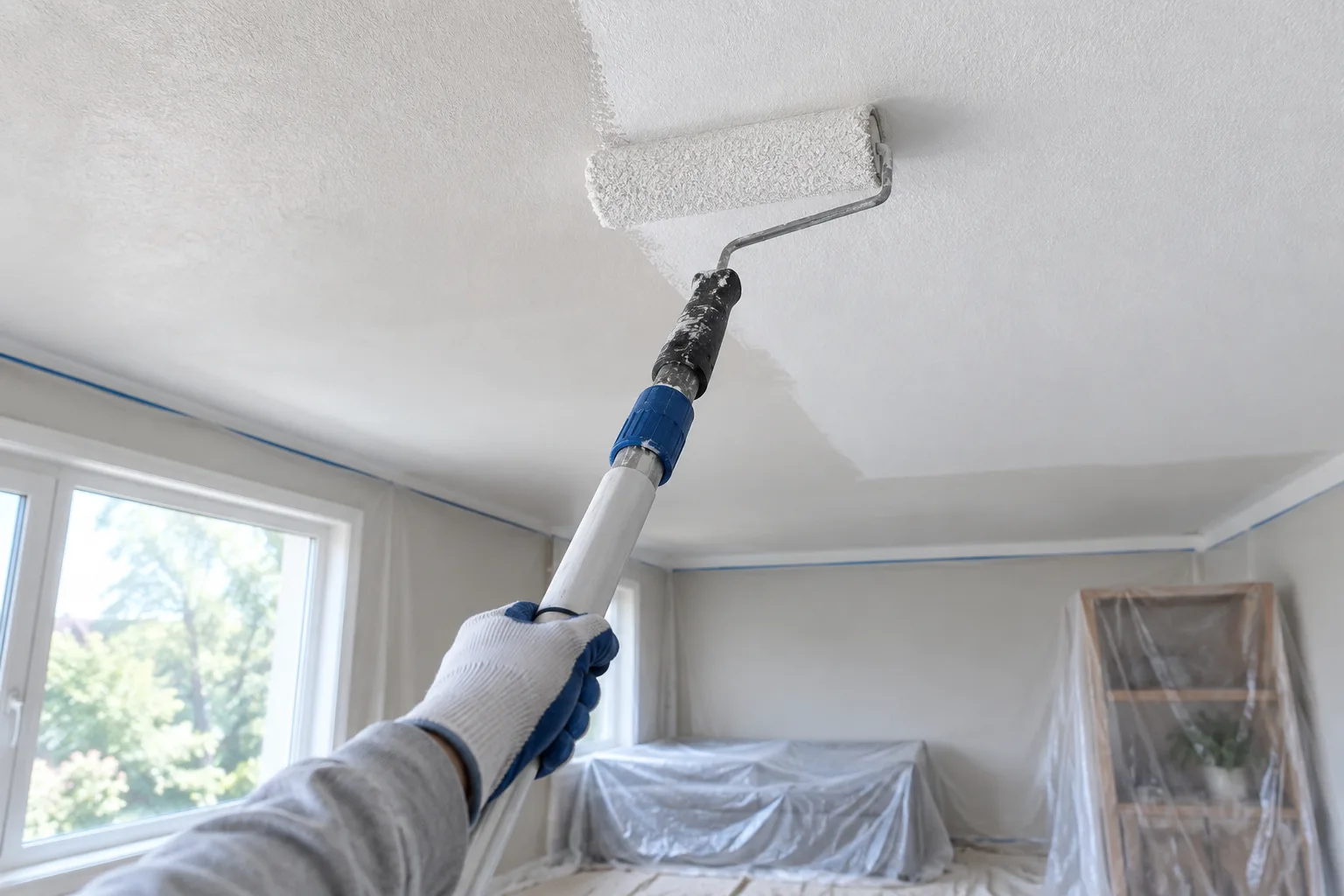 Un rouleau sur perche étale une couche de peinture régulière au plafond.