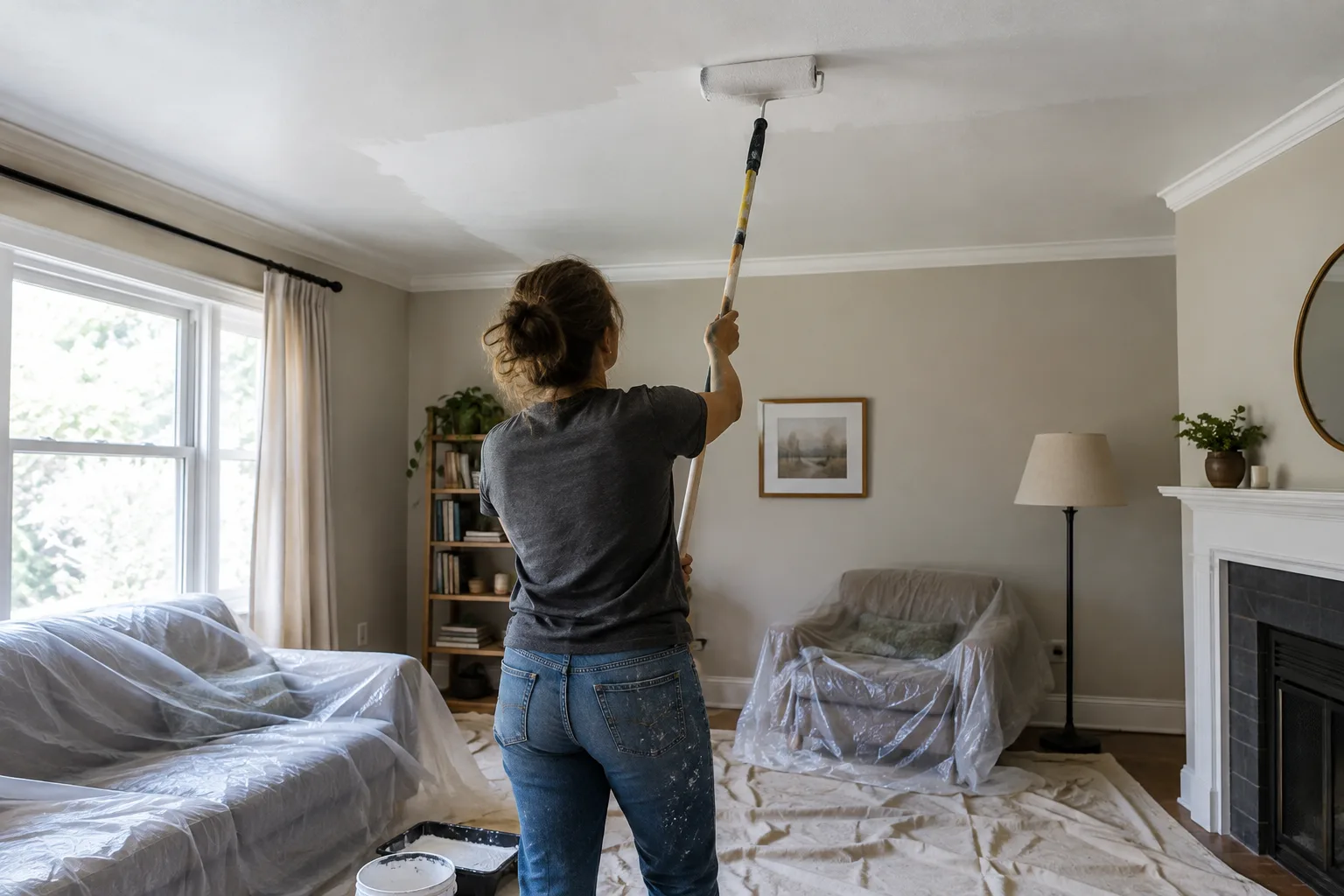 Un plafond intérieur est peint au rouleau télescopique dans une pièce protégée.