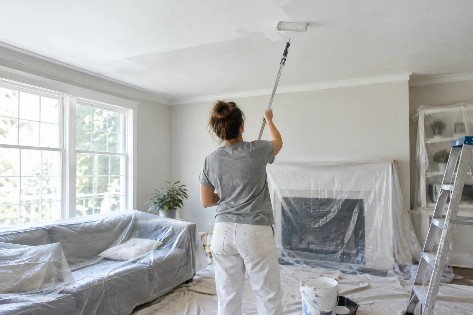 Une personne applique de la peinture blanche au rouleau sur un plafond dans une pièce protégée.