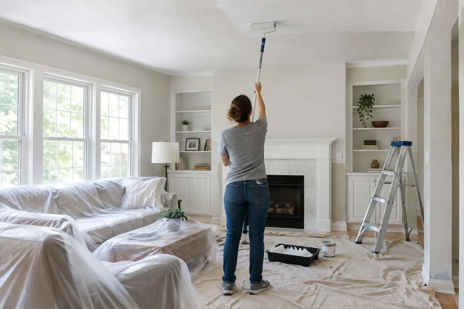 Un rouleau fixé à une perche applique de la peinture sur un plafond protégé.