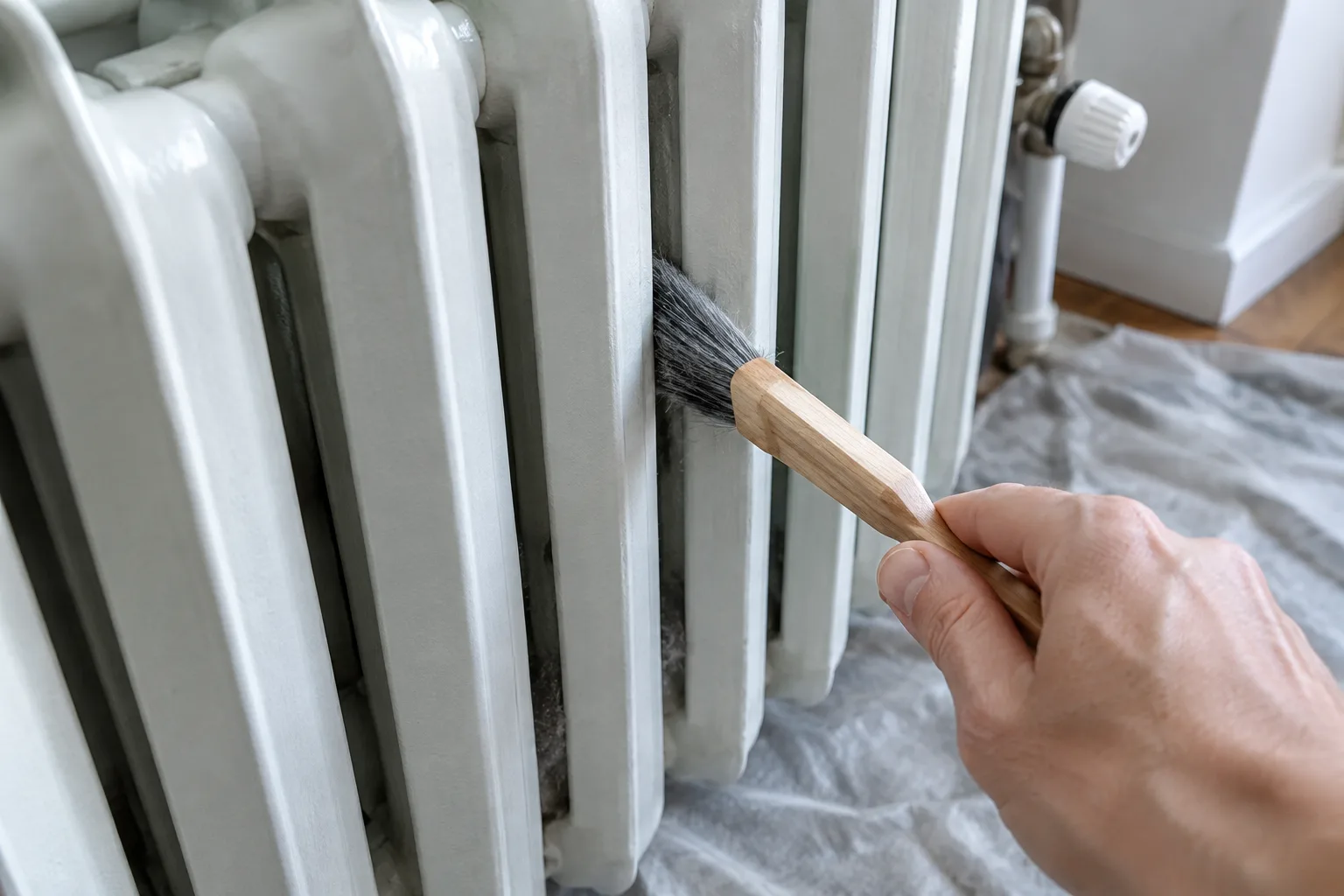 Une brosse souple retire la poussière entre les éléments d’un radiateur froid.