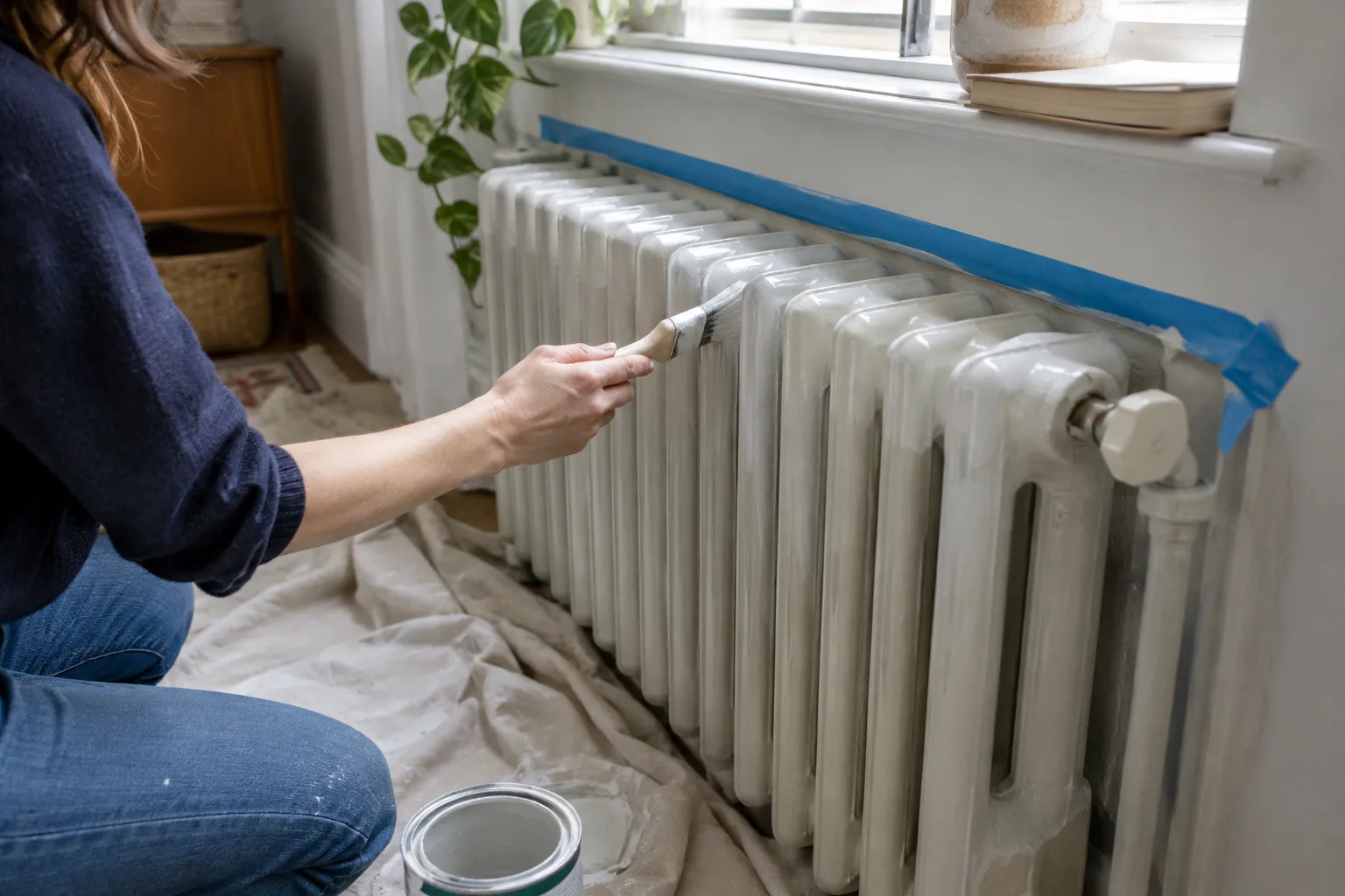 Un radiateur protégé et peint au pinceau dans une pièce lumineuse.