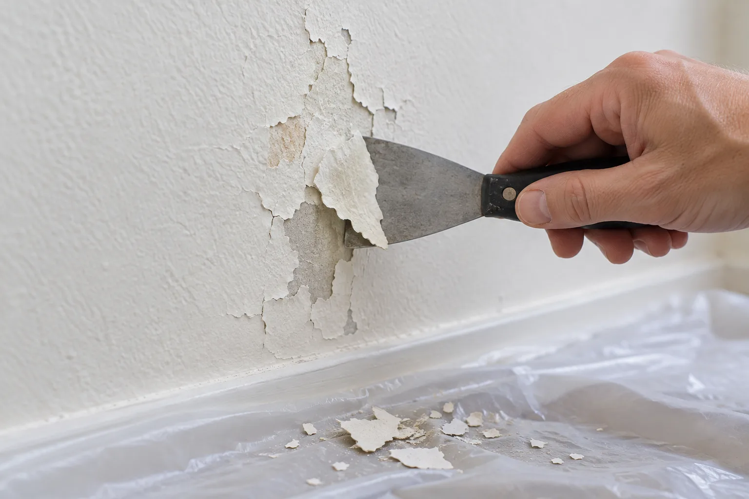 Une personne retire délicatement les morceaux de peinture décollés d’un mur sec.
