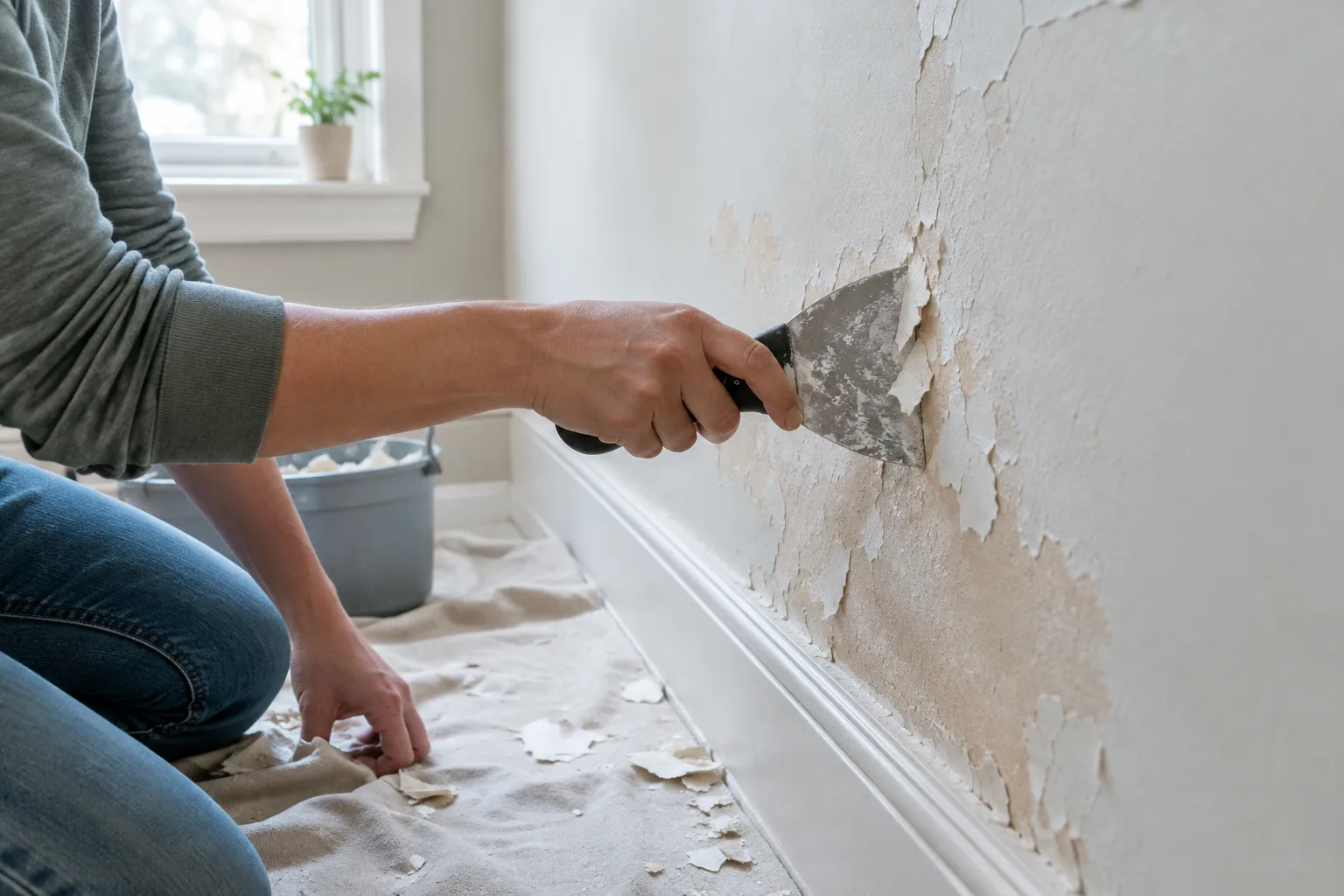 Une spatule retire des écailles de peinture sur un mur intérieur.