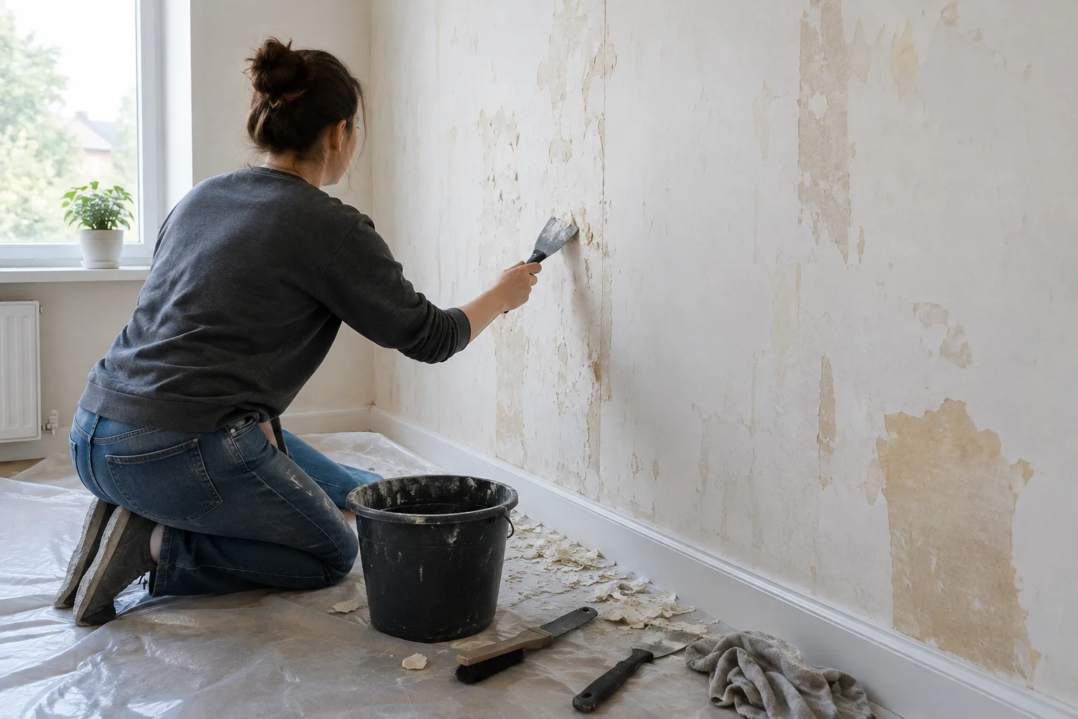 Un mur débarrassé de son papier peint est inspecté avant le nettoyage des résidus de colle.