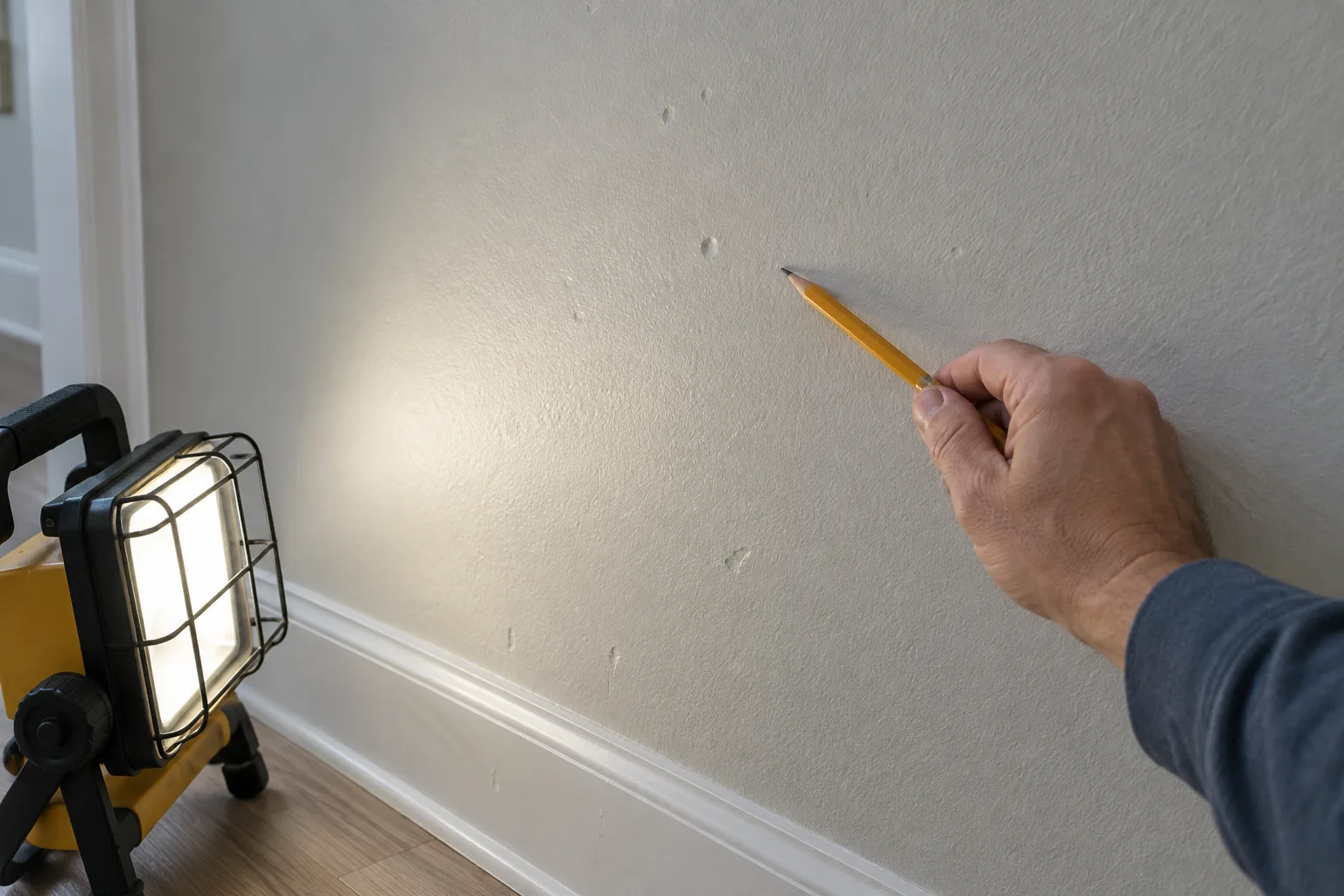 Une lampe placée le long du mur révèle de petits creux dans la peinture.