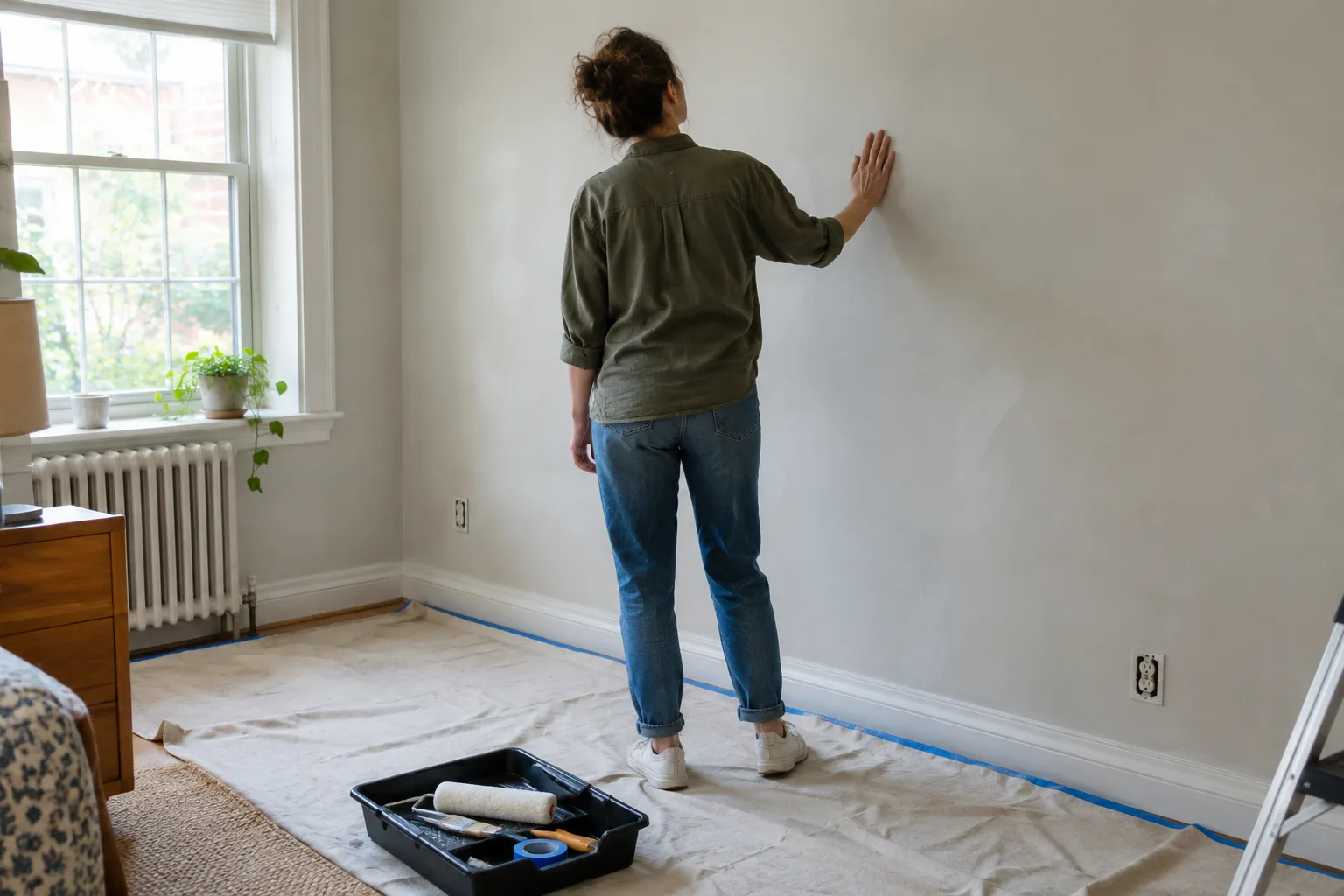 Un mur peint est inspecté avant les réparations, avec une lampe placée près de sa surface.