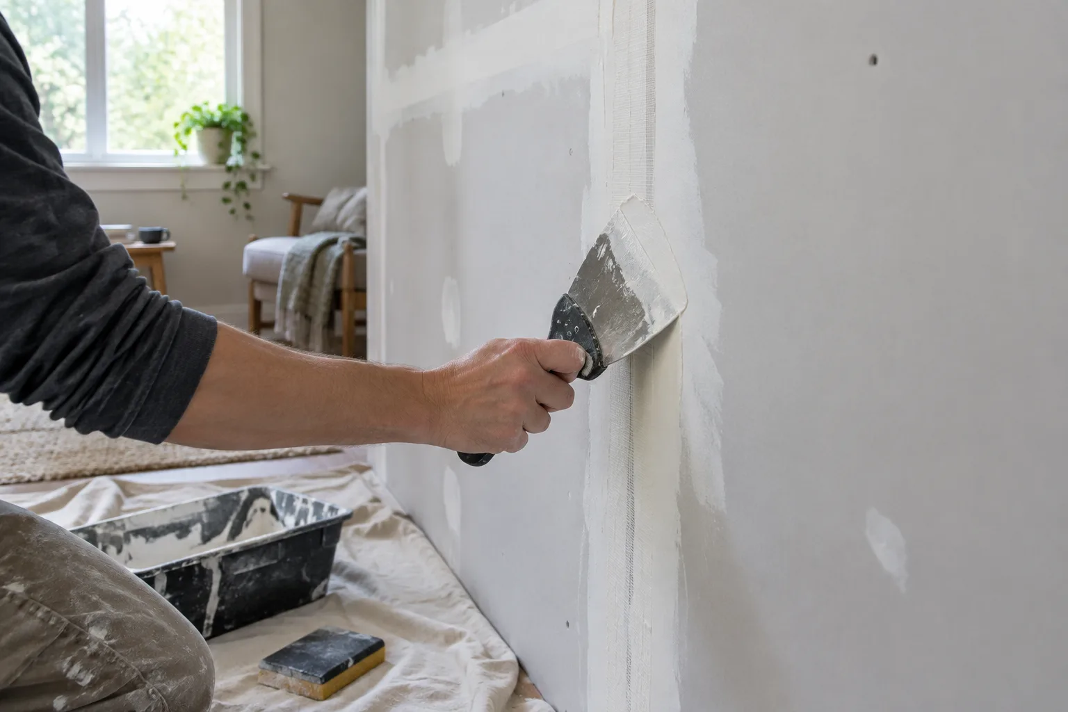 Une main lisse de l’enduit sur un joint de plaques de plâtre avant le ponçage et la peinture.