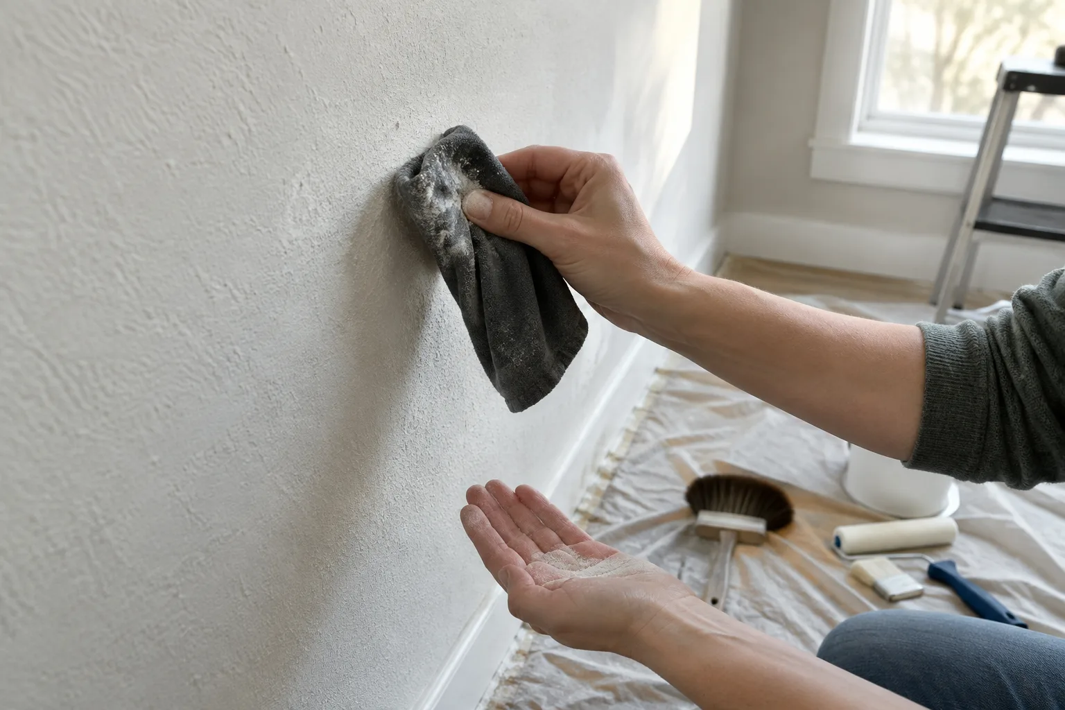 Une main passe un chiffon sombre sur un mur farinant avant sa préparation pour la peinture.