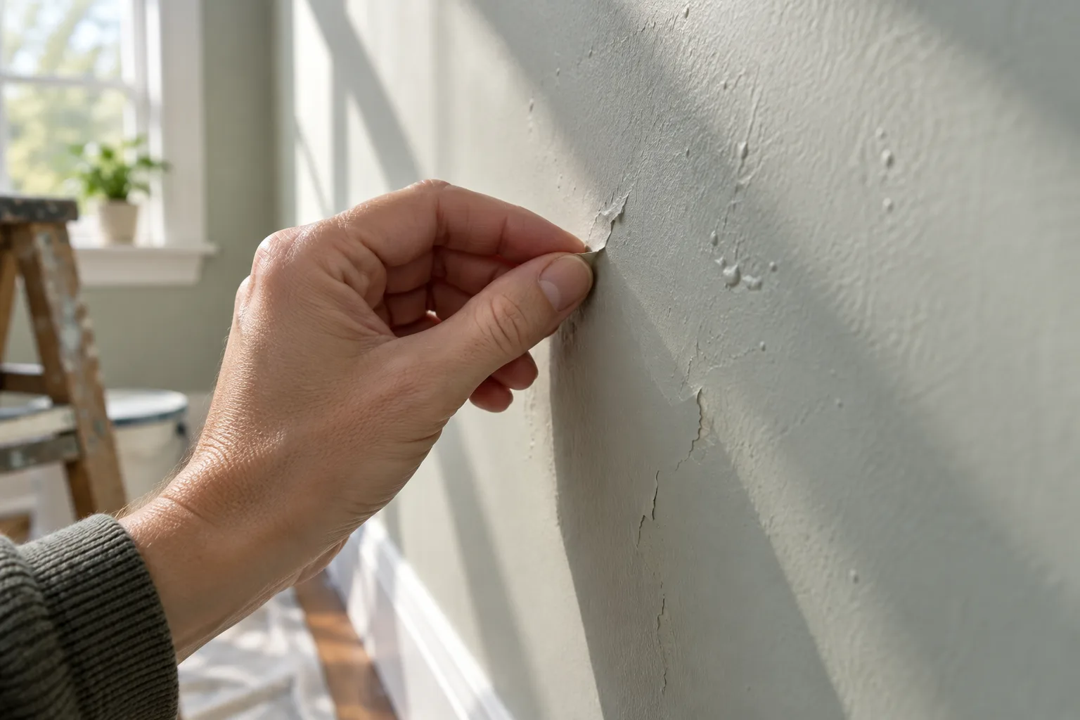 Une main examine les défauts d’un mur peint éclairé de côté.