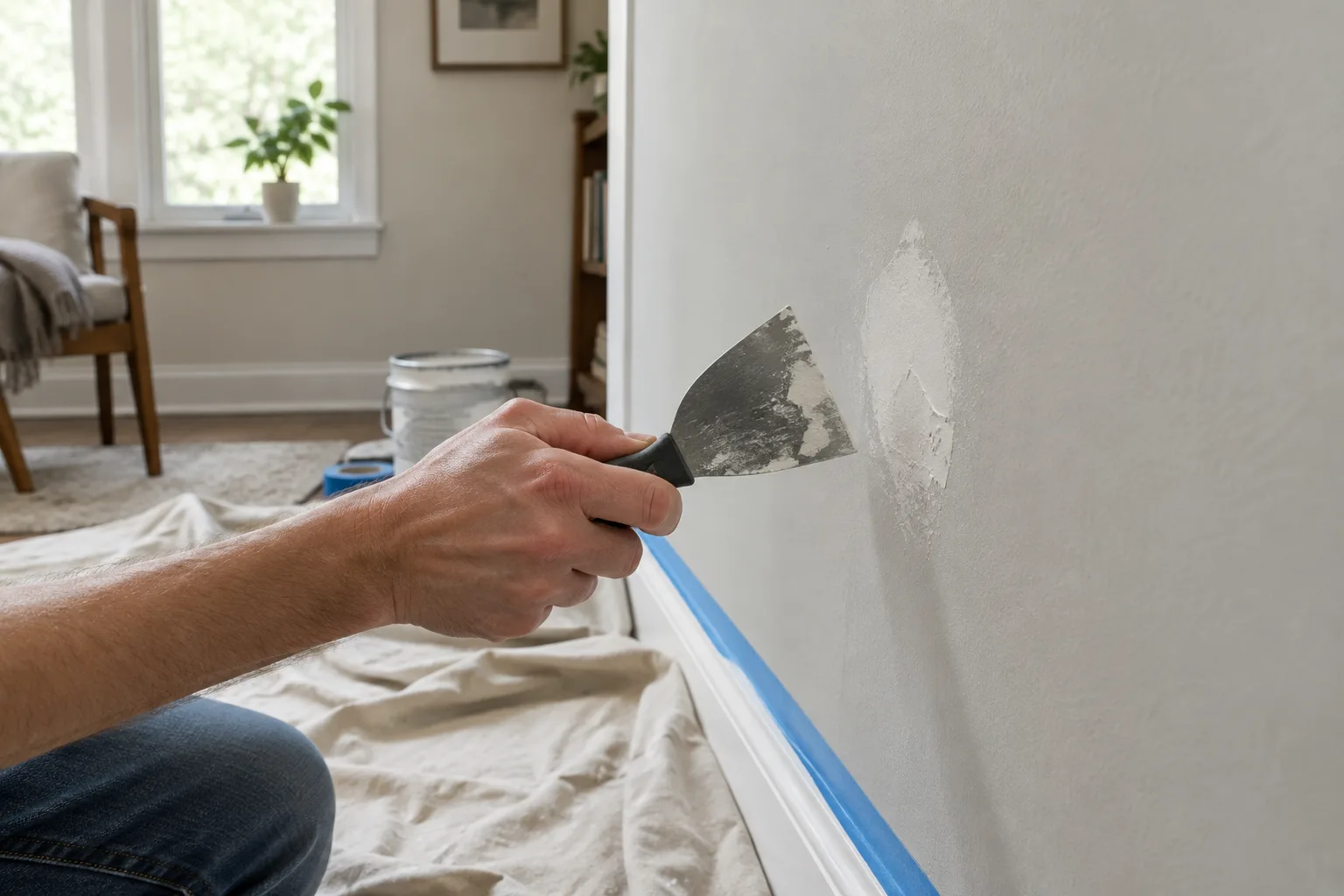 Une main vérifie un mur peint près d’une petite zone à réparer avant les travaux de peinture.