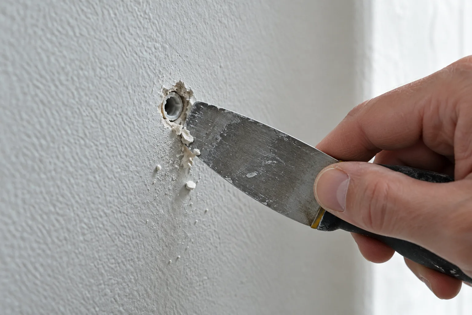 Une main vérifie le bord d’un trou de cheville dans un mur avant le rebouchage.