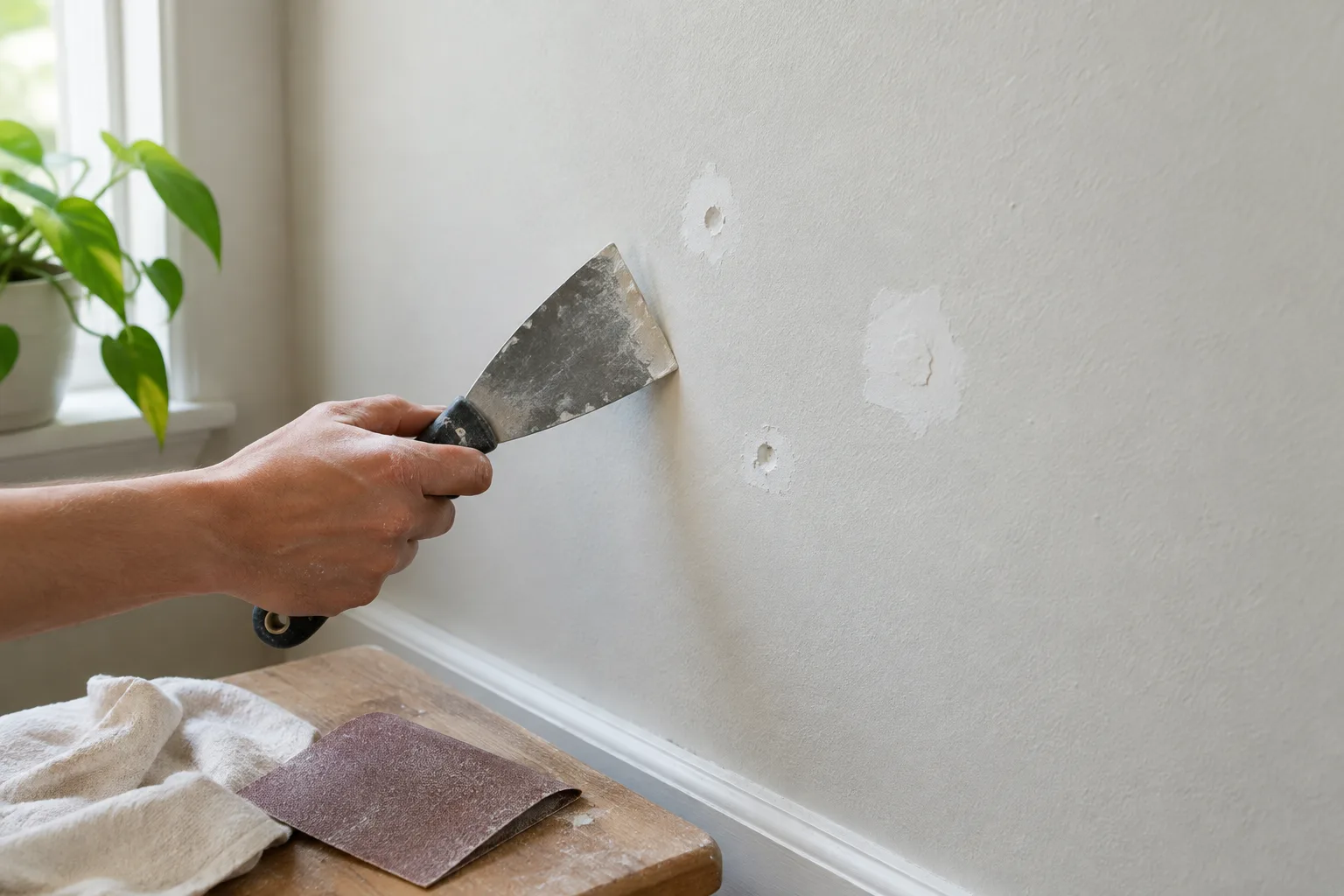 Une spatule et du papier abrasif près de petits trous de chevilles réparés sur un mur.