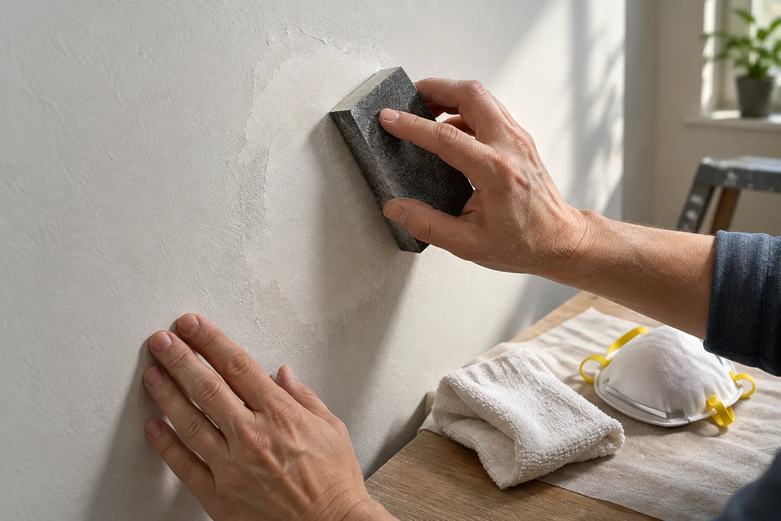 Une personne ponce doucement une réparation sèche avec une cale abrasive.