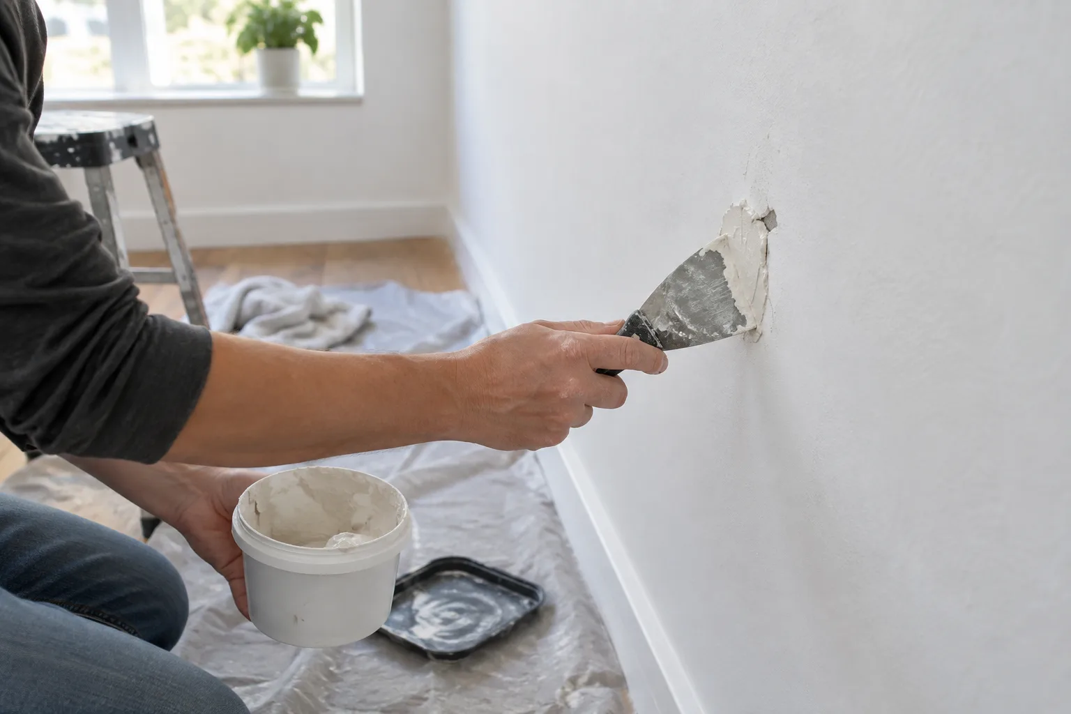 Des mains appliquent de l’enduit de rebouchage sur un petit trou dans un mur.