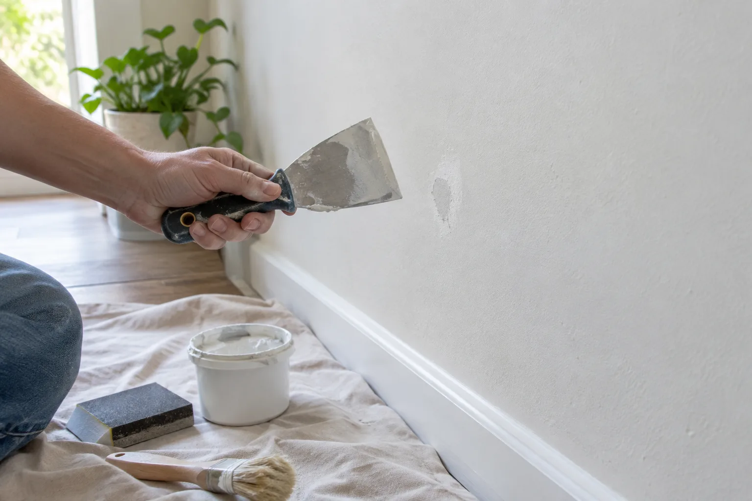 Une petite réparation à l’enduit sur un mur intérieur, avec une spatule et des outils de bricolage à proximité.