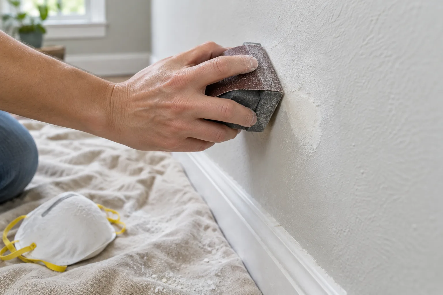 Une cale abrasive sert à lisser doucement l’enduit sec sur un mur.