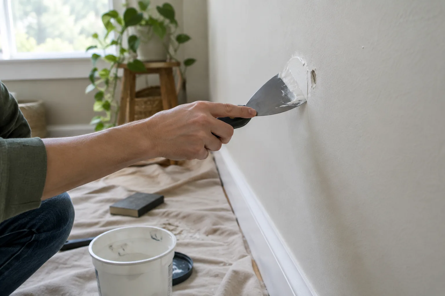 Une petite cavité dans un mur est rebouchée avec un couteau à enduire.